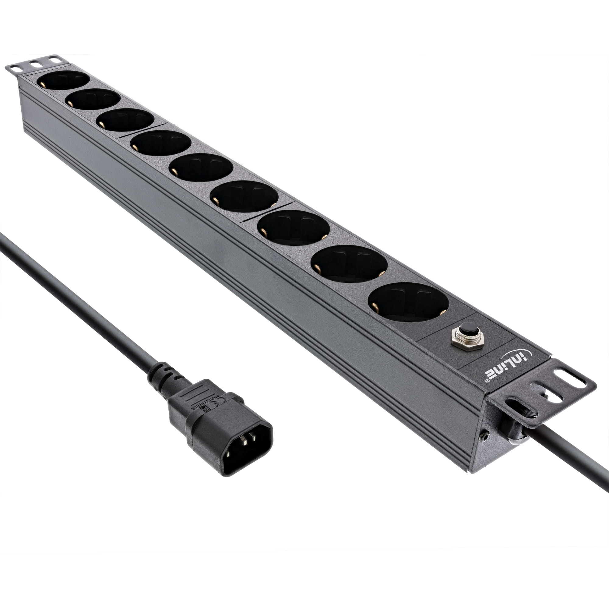 Inline® 19" Steckdosenleiste, 9-fach Schutzkontakt, C14 Stecker, Überlastschutz