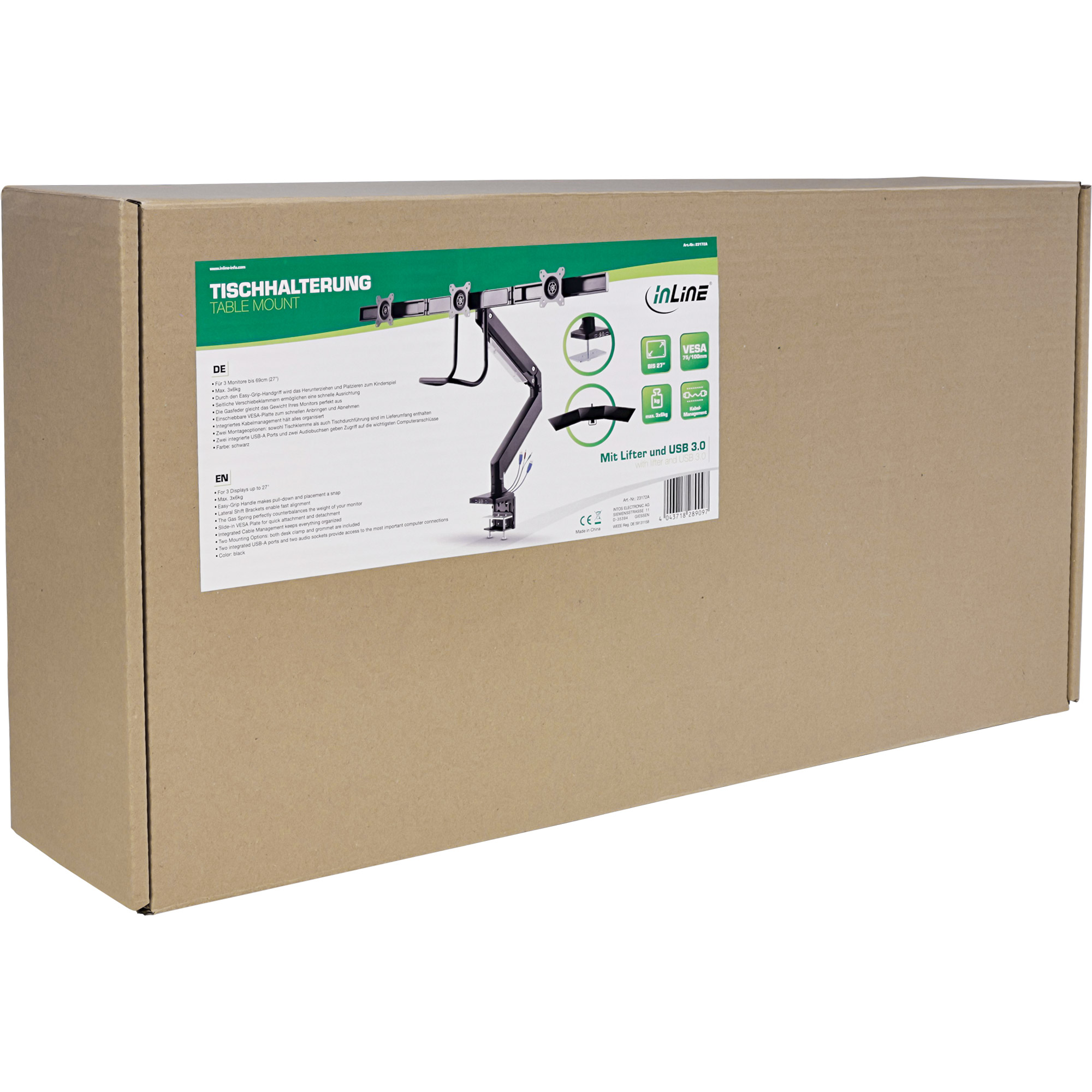 Inline® Tischhalterung mit Lifter+USB, beweglich, für 3 Monitore bis 69cm (27")