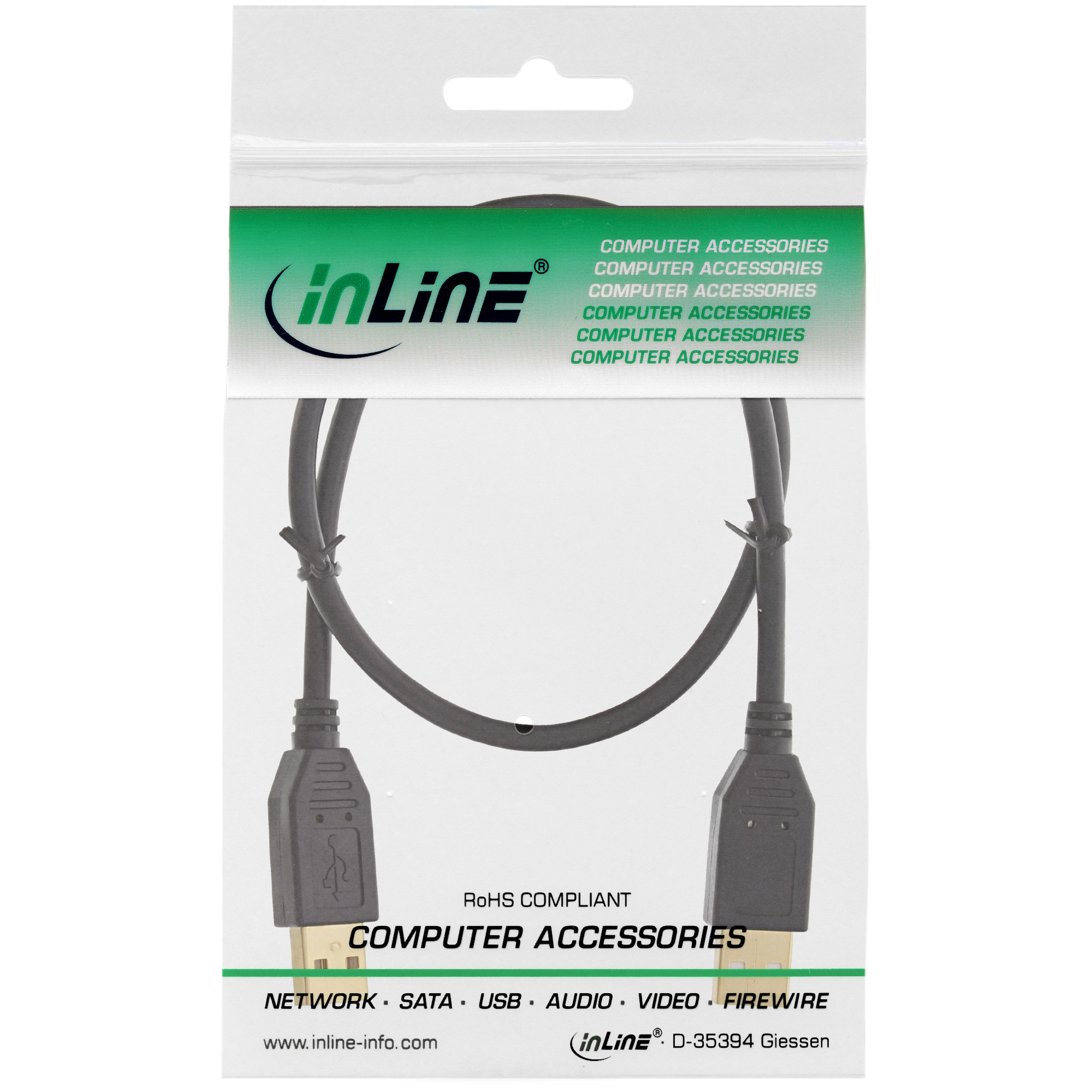 Inline® USB 2.0 Kabel, A an A, schwarz, Kontakte gold, 1m