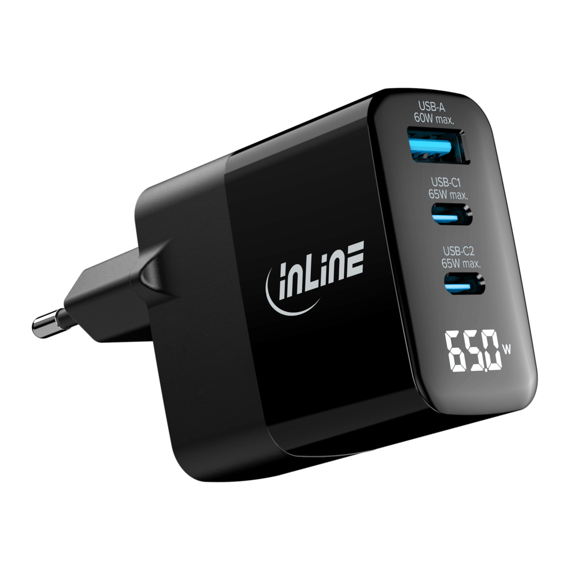 InLine® USB PD Netzteil, GaN Ladegerät, 3-Port, USB-C + USB-A, 65W, mit Display InLine® USB PD Netzteil, GaN Ladegerät, 3-Port, USB-C + USB-A, 65W, mit Display