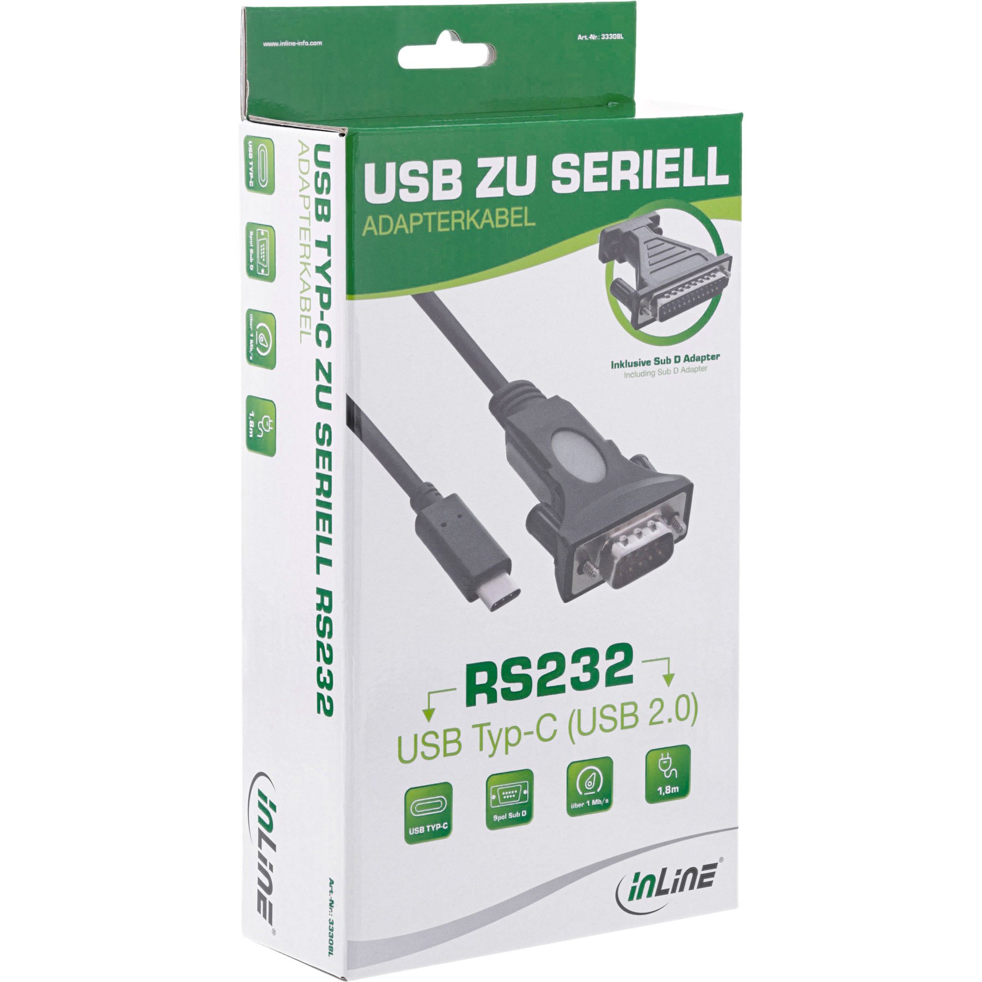 Inline® USB zu Seriell Adapterkabel, USB-C an 9pol Sub D Stecker, 1,8m