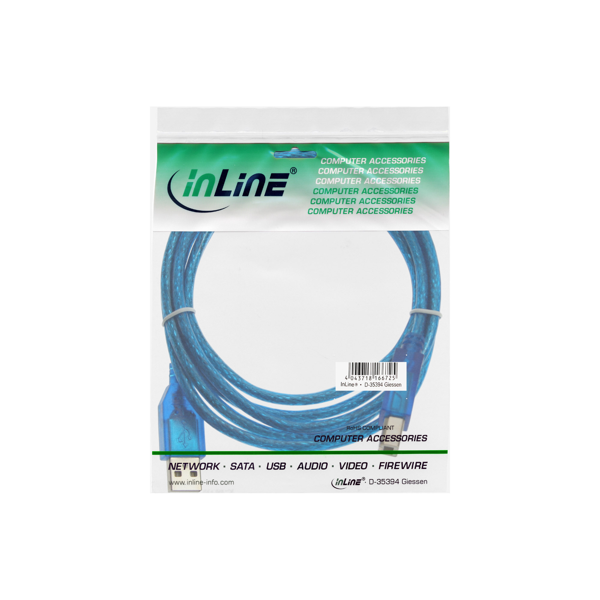 Inline® USB 2.0 Kabel, A an B, blau-transparent, 3m