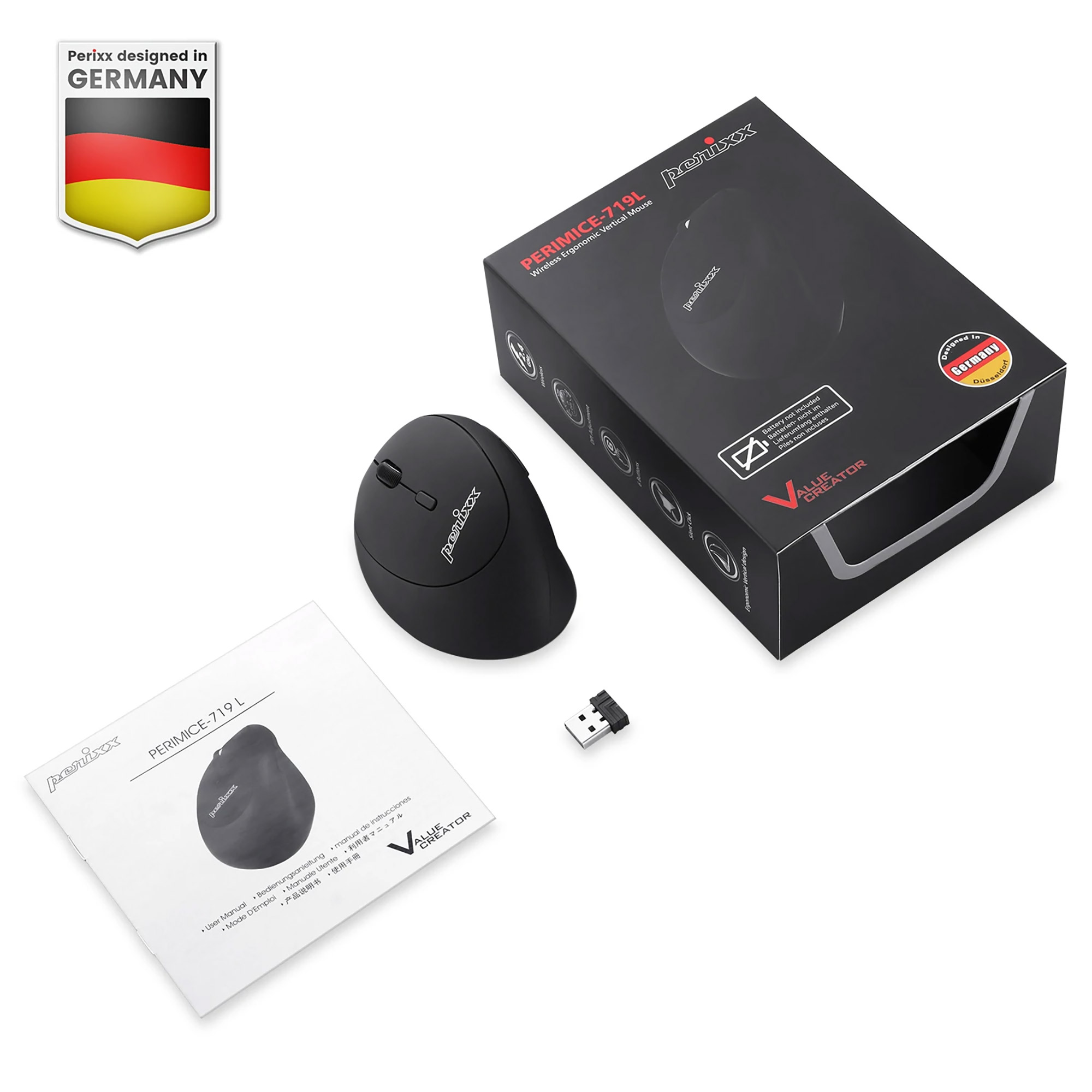 Perixx PERIMICE-719L, kleine ergonomische Maus, LinksHänder, schnurlos, schwarz