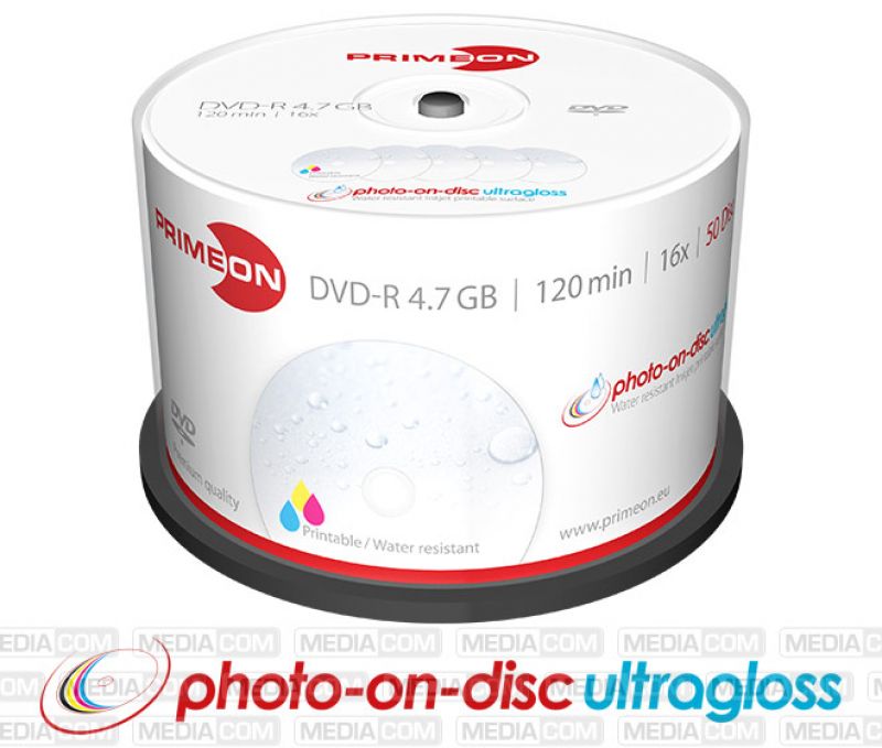 PRIMEON - DVD-R 4.7GB/120Min/16x Cakebox (50 Disc) - photo-on-disc ultragloss, Water resistant, Inkjet Full Size Printable Surface