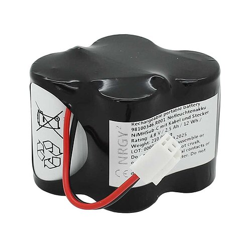 Notleuchtenakku NiMH 4,8V 2500mAh F2x2 Sub-C mit 60mm Kabel und Stecker Notleuchtenakku NiMH 4,8V 2500mAh F2x2 Sub-C mit 60mm Kabel und Stecker