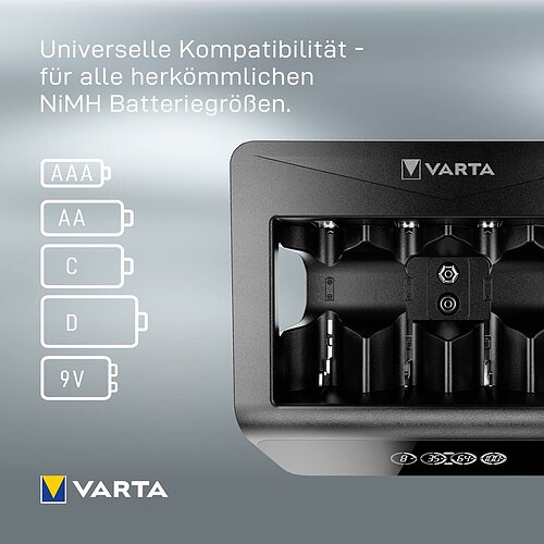 NiMH Akku Universal LCD Ladegerät 0,45A Varta 57688 für AA Mignon AAA Micro Baby C Mono D 9V Block