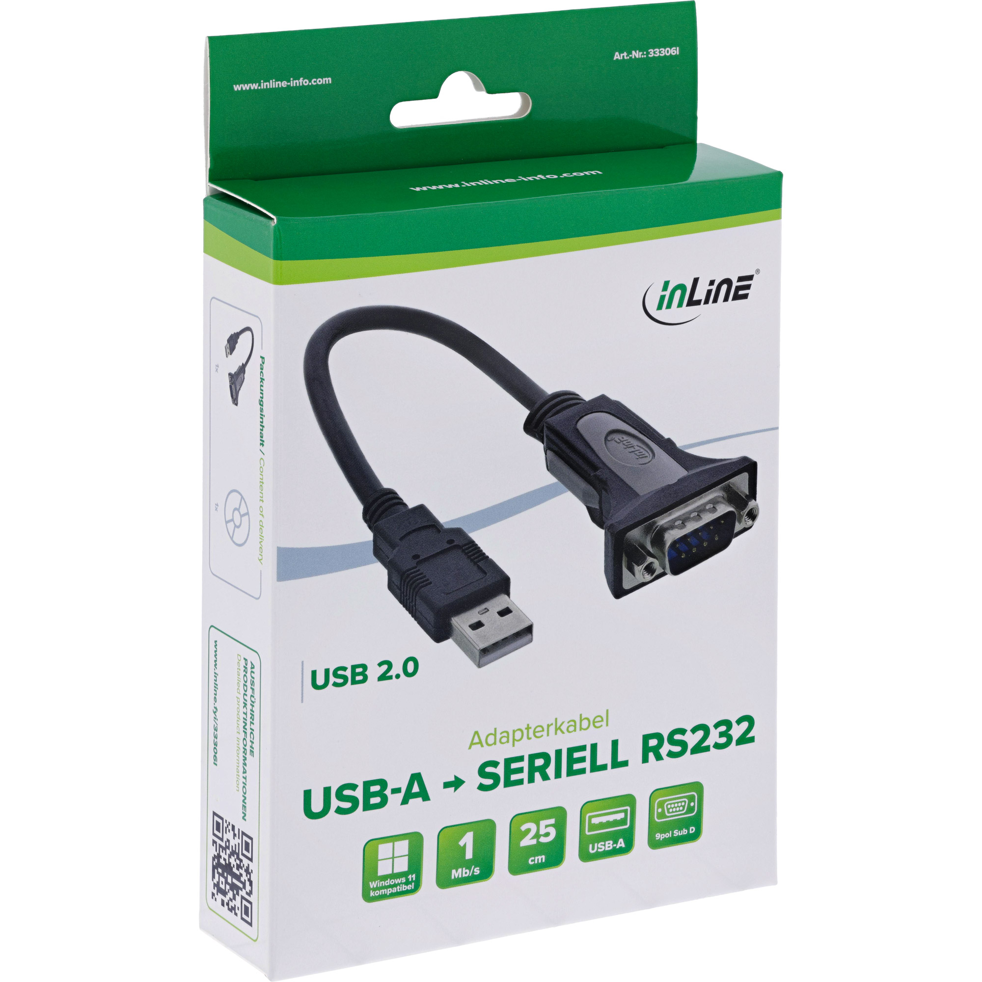 Inline® USB 2.0 zu Seriell Adapterkabel, USB A an 9pol Sub D Stecker, 0,25m