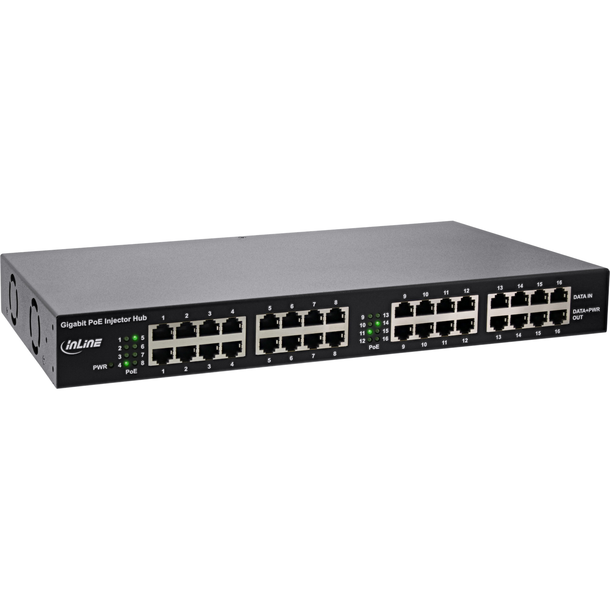 Inline® PoE+ Gigabit Netzwerk Injektor Hub 16 Port (16x PoE+), 1Gb/s, 19"1HE