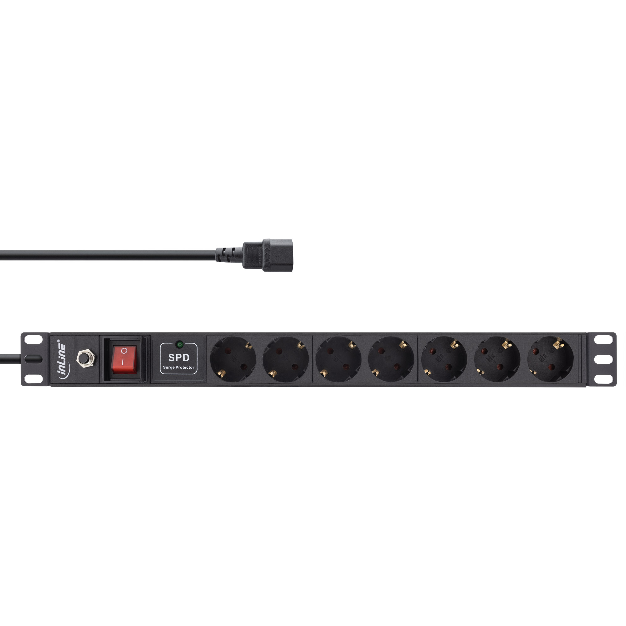 Inline® 19" Steckdosenleiste, 7-fach Schutzkontakt, C14, ÜSS, Überlastschutz