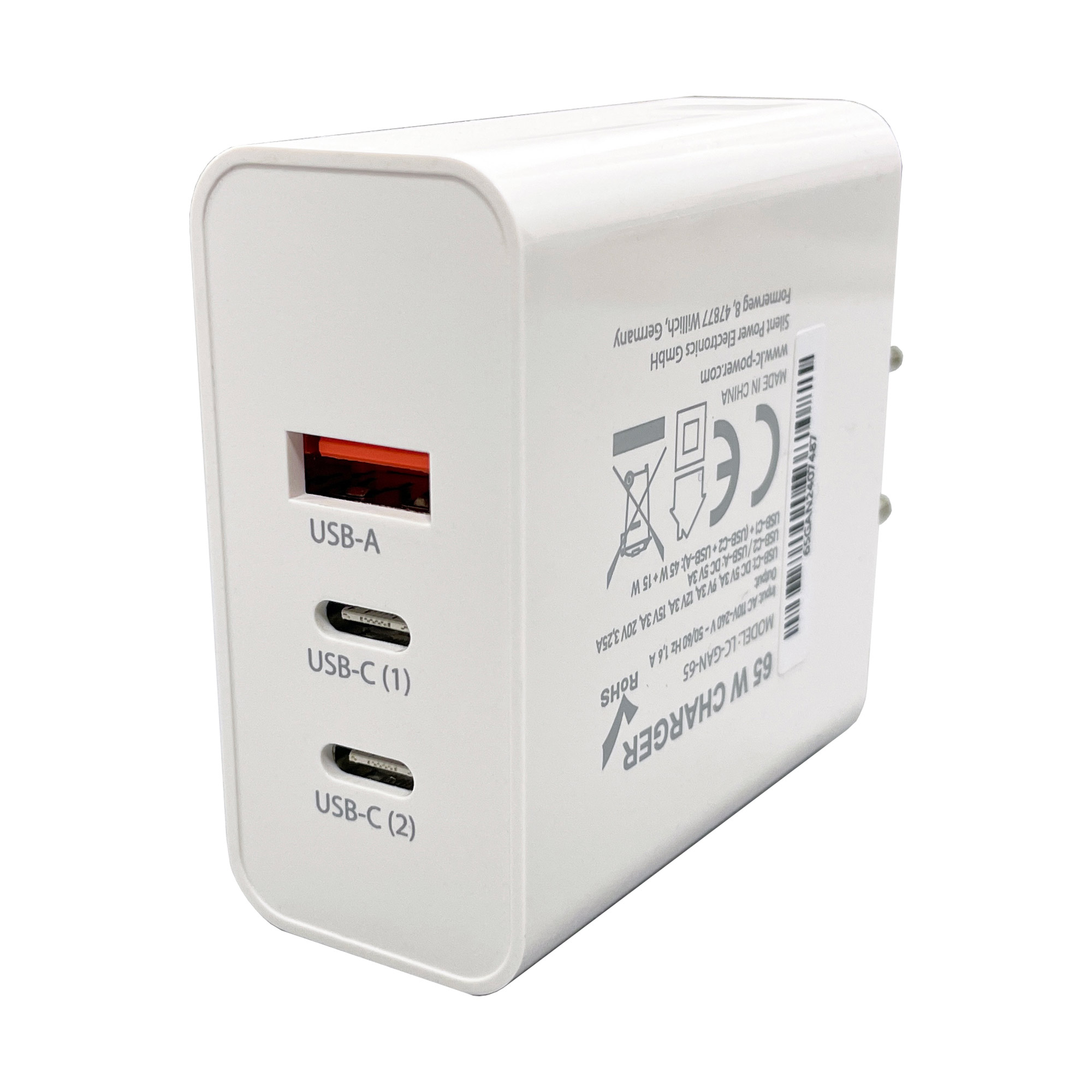 LC-Power LC-GAN-65, USB-Netzteil GaN, 2x USB-C, 1x USB-A, 65W, weiß