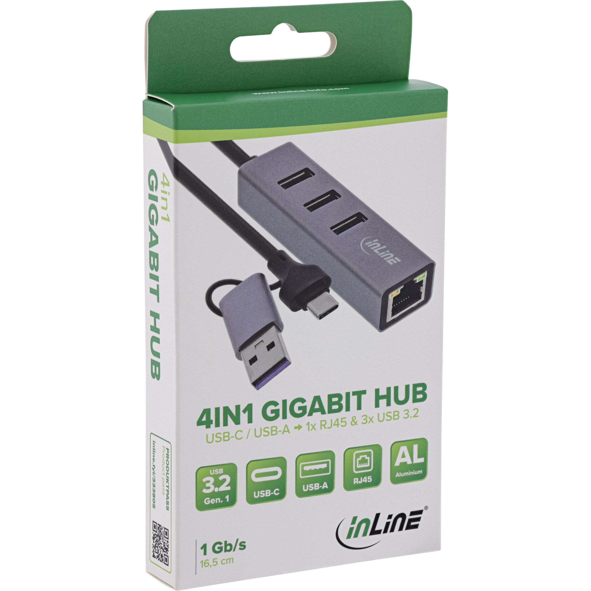 InLine® 4in1 Gigabit Hub, USB-C & USB-A, 1x RJ45, 3x USB 3.2 Gen.1 InLine® 4in1 Gigabit Hub, USB-C & USB-A, 1x RJ45, 3x USB 3.2 Gen.1