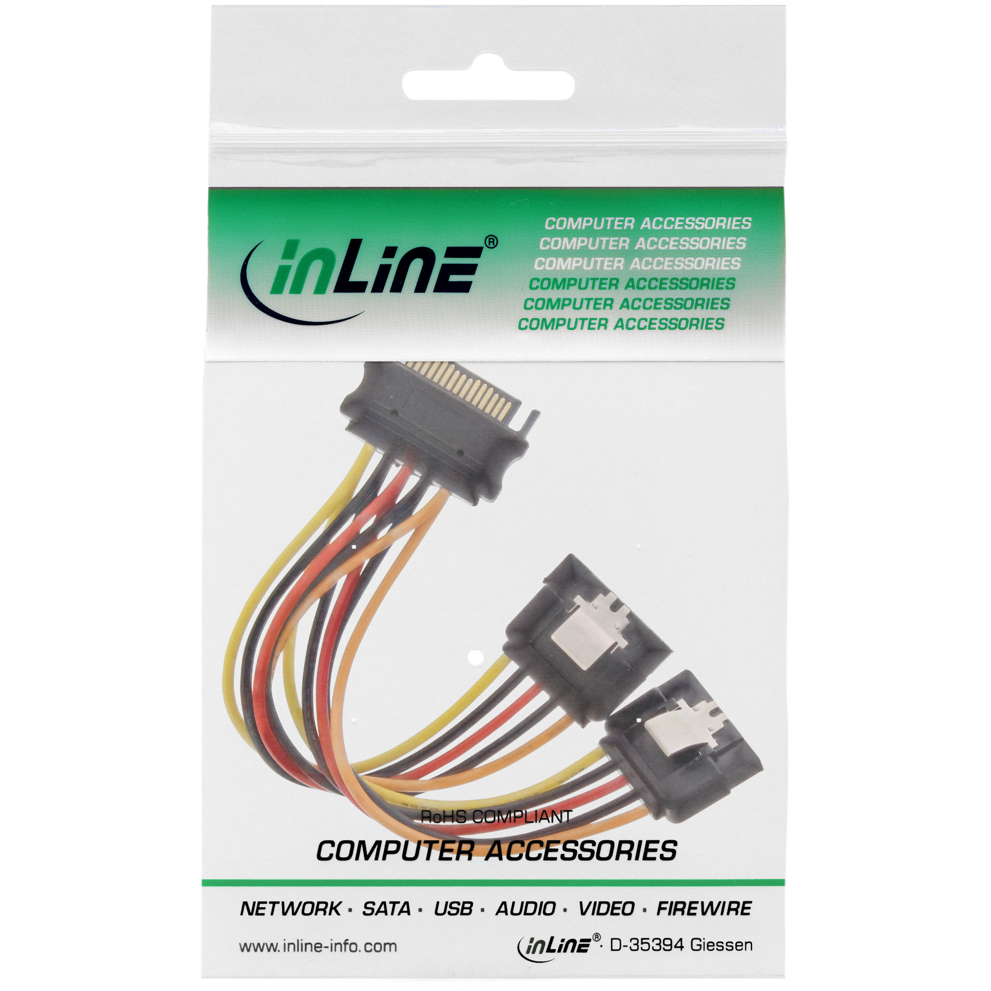 Inline® SATA Strom-Y-Kabel, SATA Buchse an 2x SATA ST mit Lasche, 0,30m