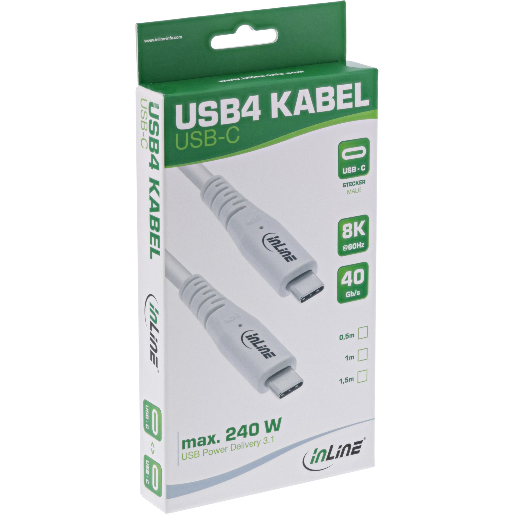 Inline® USB4 Kabel, USB-C Stecker/Stecker, PD 240W, 8K60Hz, TPE, weiß, 2m