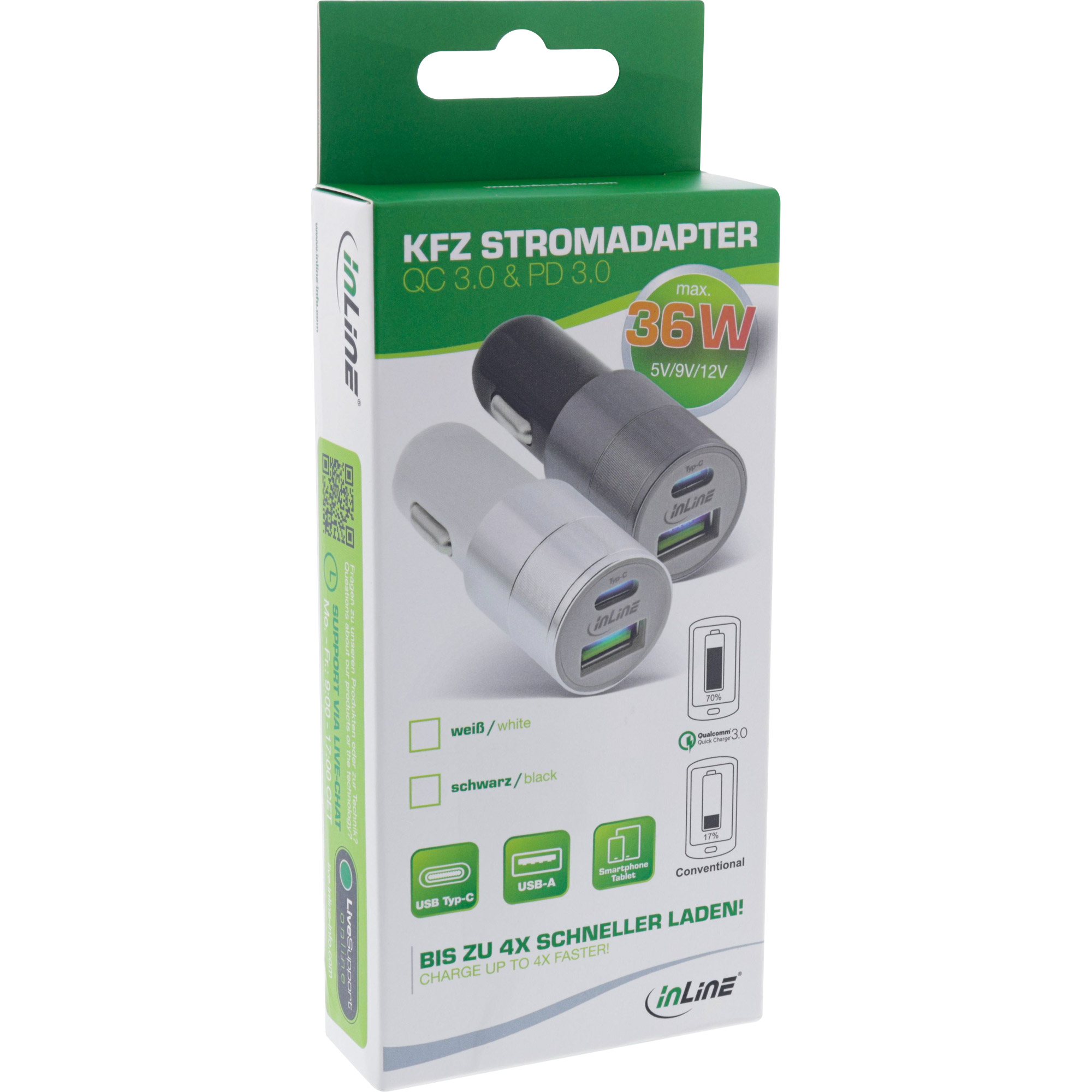 Inline® USB KFZ Stromadapter Quick Charge 3.0, 12/24VDC zu 5V DC/3A, USB-A+USB-C