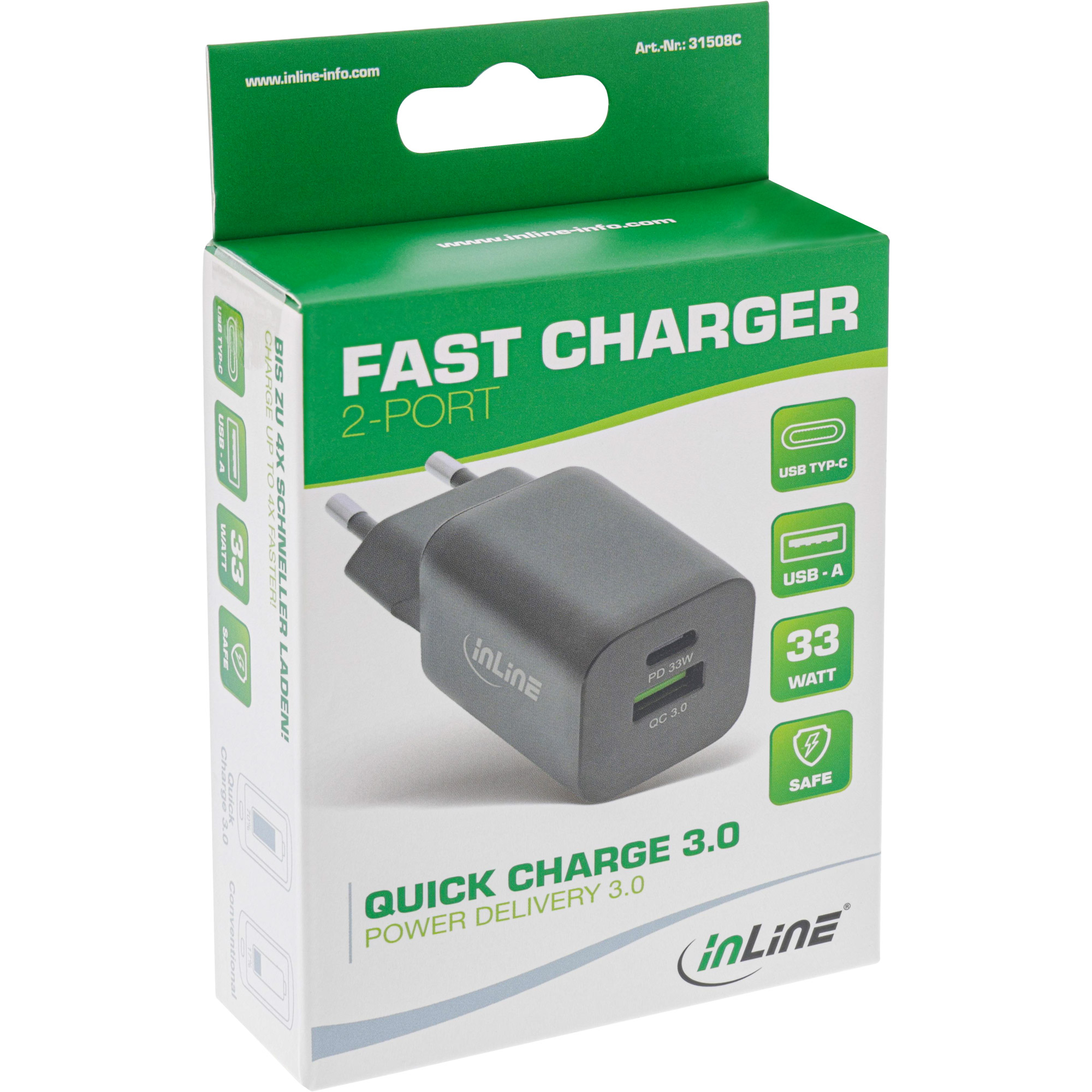 Inline® Power Delivery + Quick Charge USB Netzteil, 33W Ladegerät, USB-A + USB-C