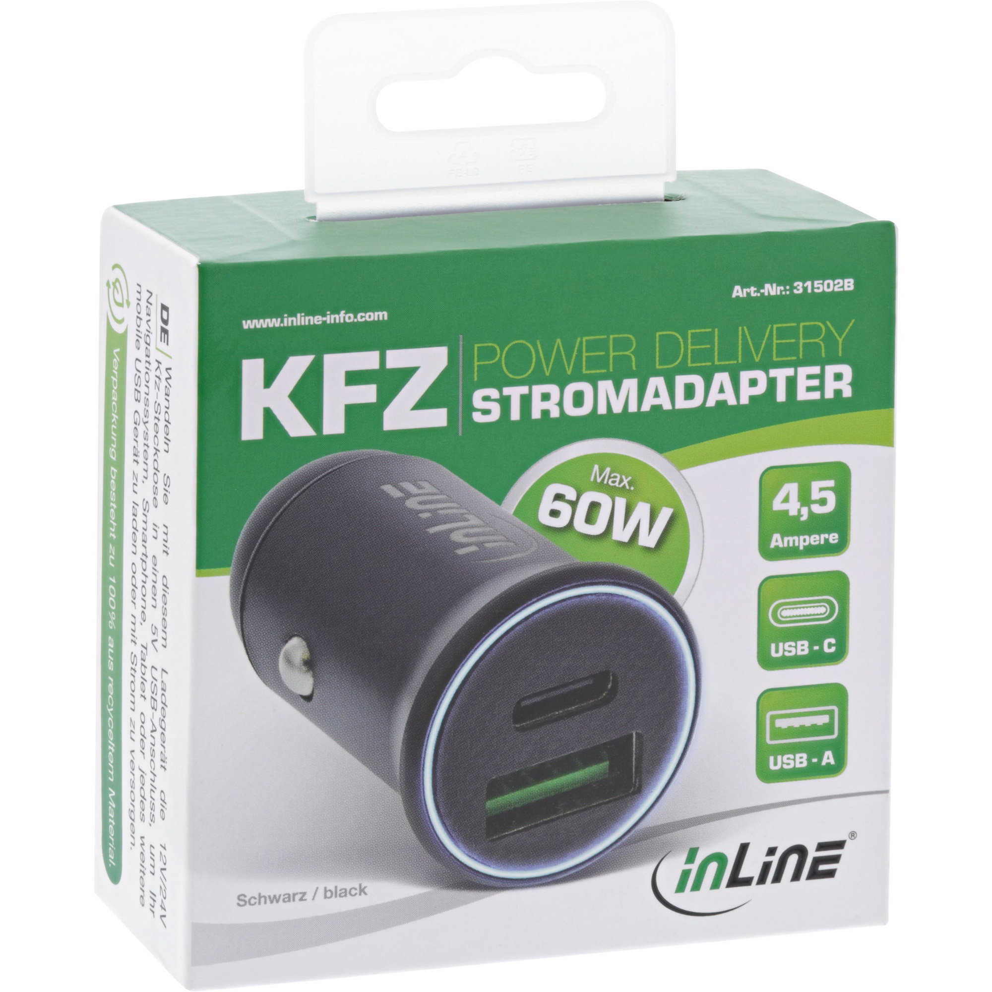 Inline® USB KFZ Stromadapter Power Delivery, USB-A + USB-C, schwarz