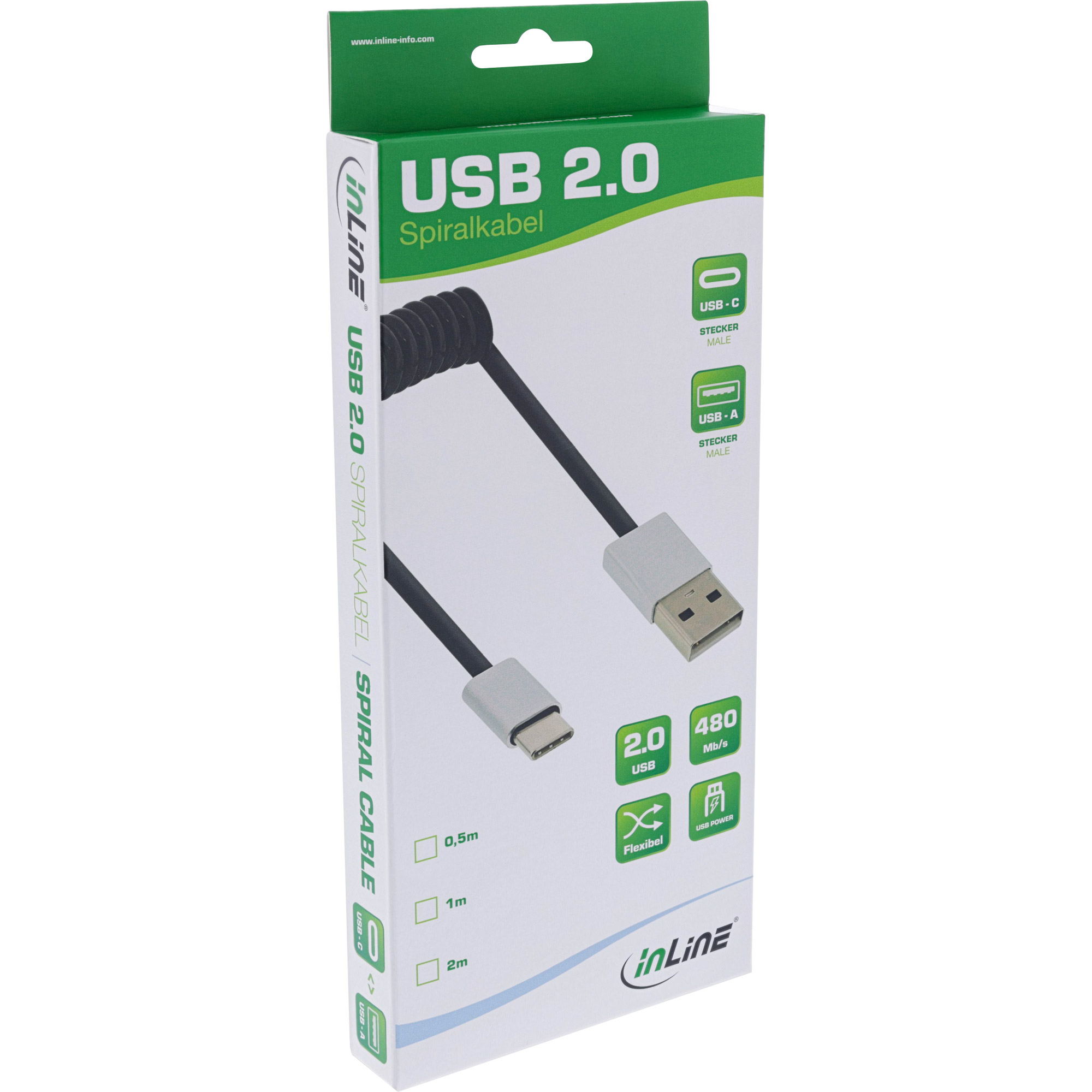Inline® USB 2.0 Spiralkabel, USB-C ST an A ST, schwarz/Alu, flexibel, 2m