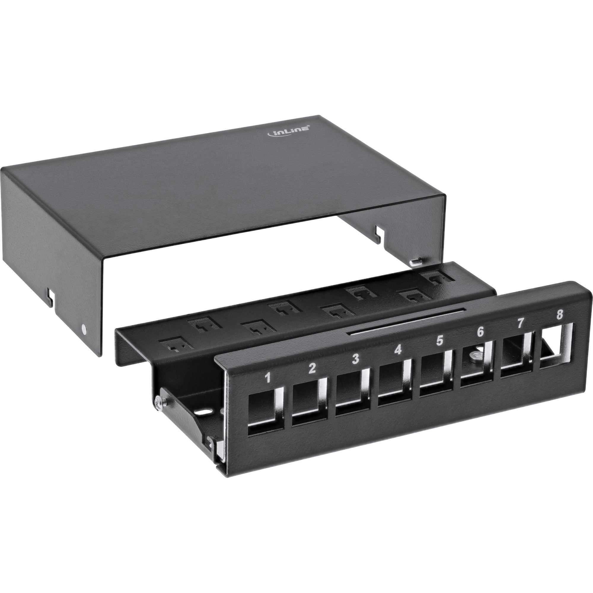 Inline® Patchfeld-Dose Aufputz für 8x Keystone RJ45, Metall, schwarz RAL9005