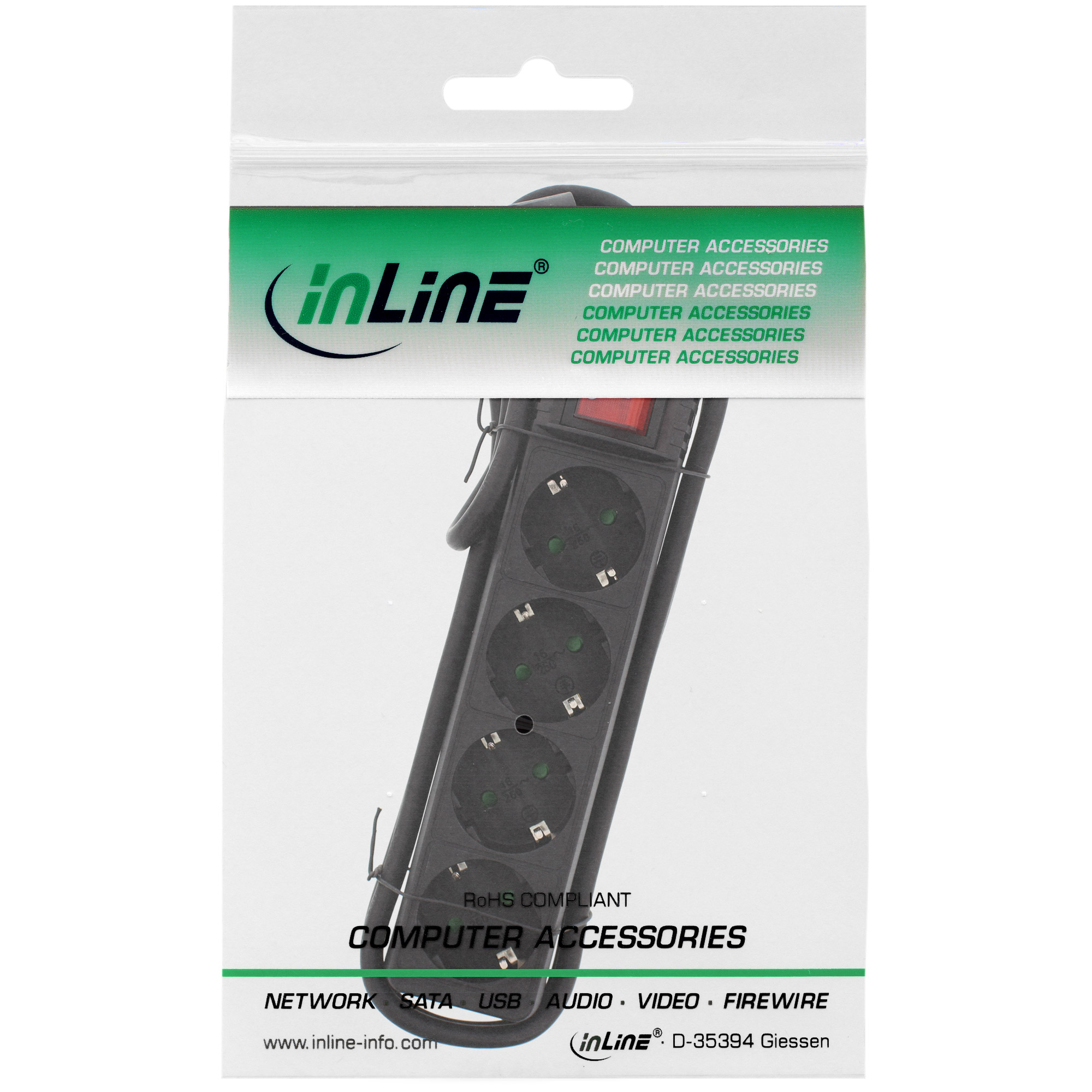 Inline® Steckdosenleiste, 4-fach Schutzkontakt, mit Schalter, schwarz, 1,5m