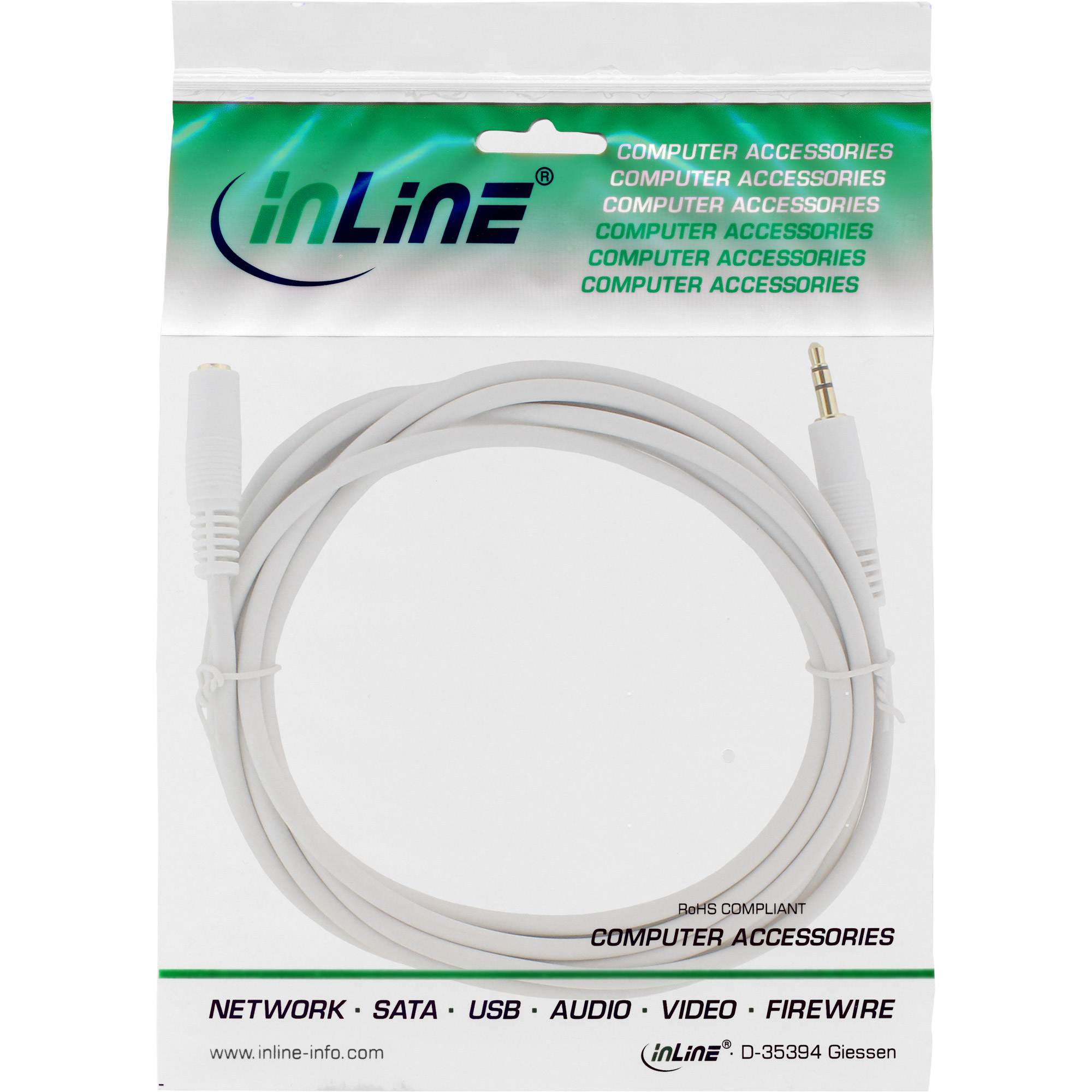 10m - Inline® Klinke Verlängerung, 3,5mm Stecker / Buchse, Stereo weiß / gold