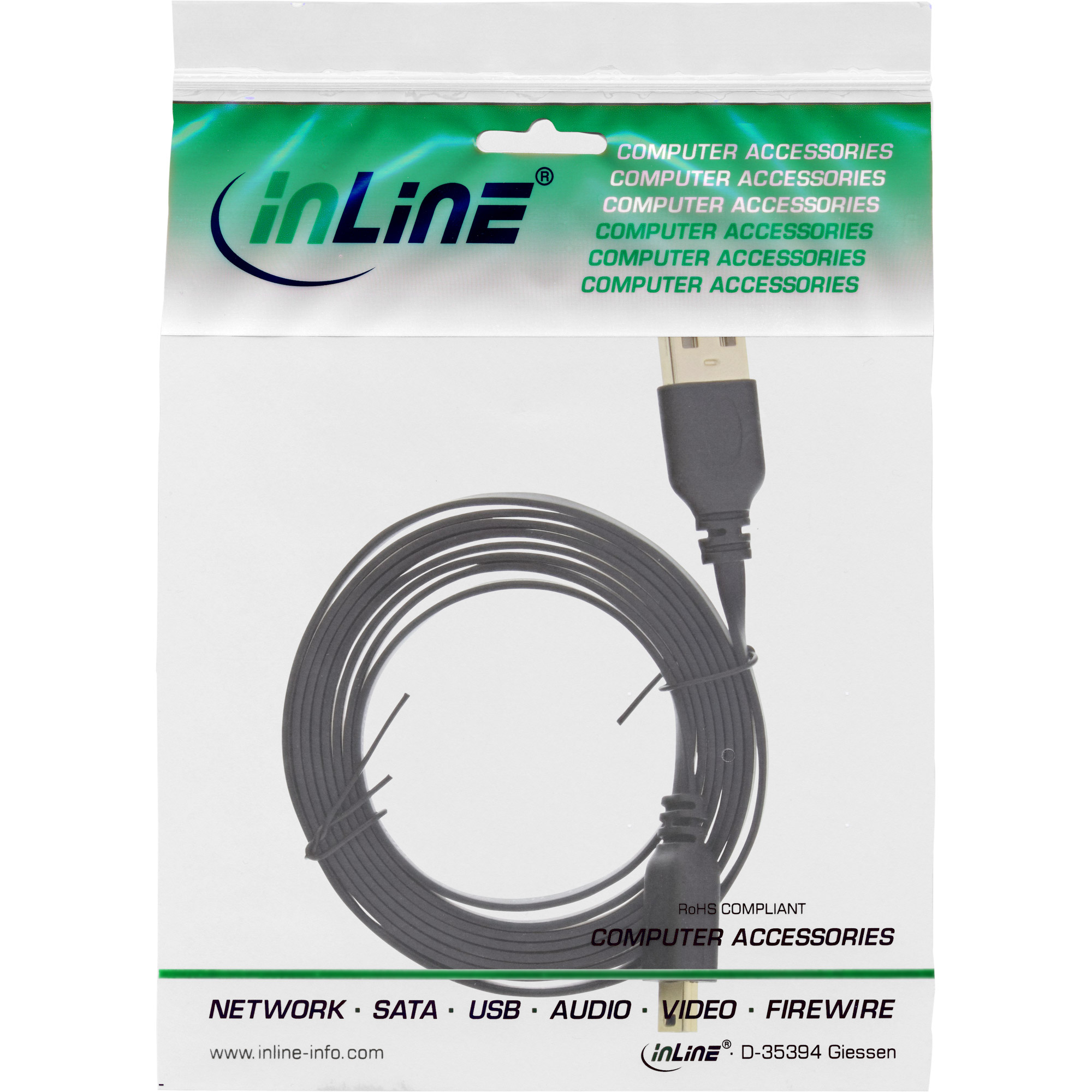 Inline® USB 2.0 Flachkabel, USB A ST an Mini-B ST (5pol.), schwarz, 1m