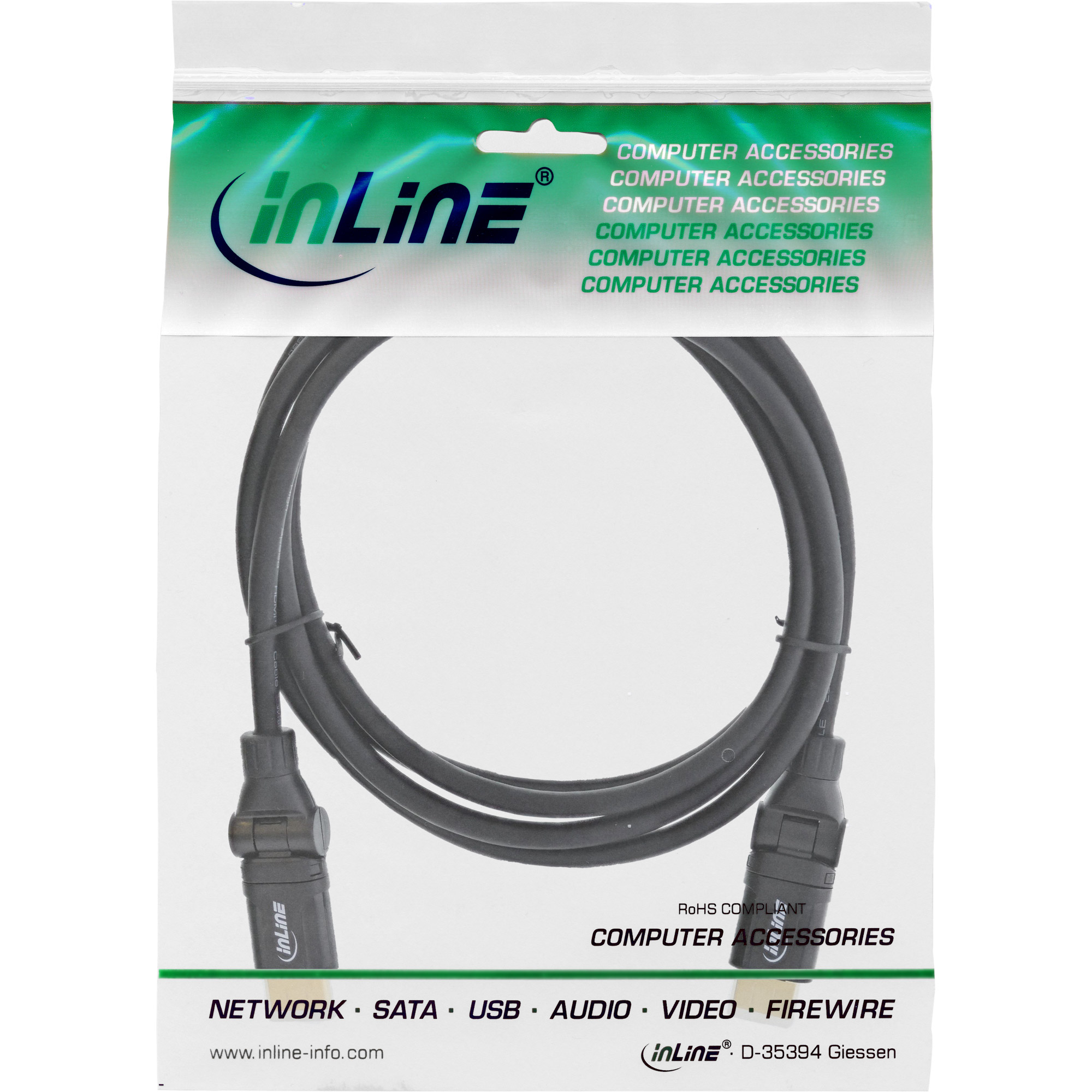 Inline® HDMI-HS Kabel m. Eth., ST/ST, verg. Kon., schwarz, flex. Winkelst., 3m