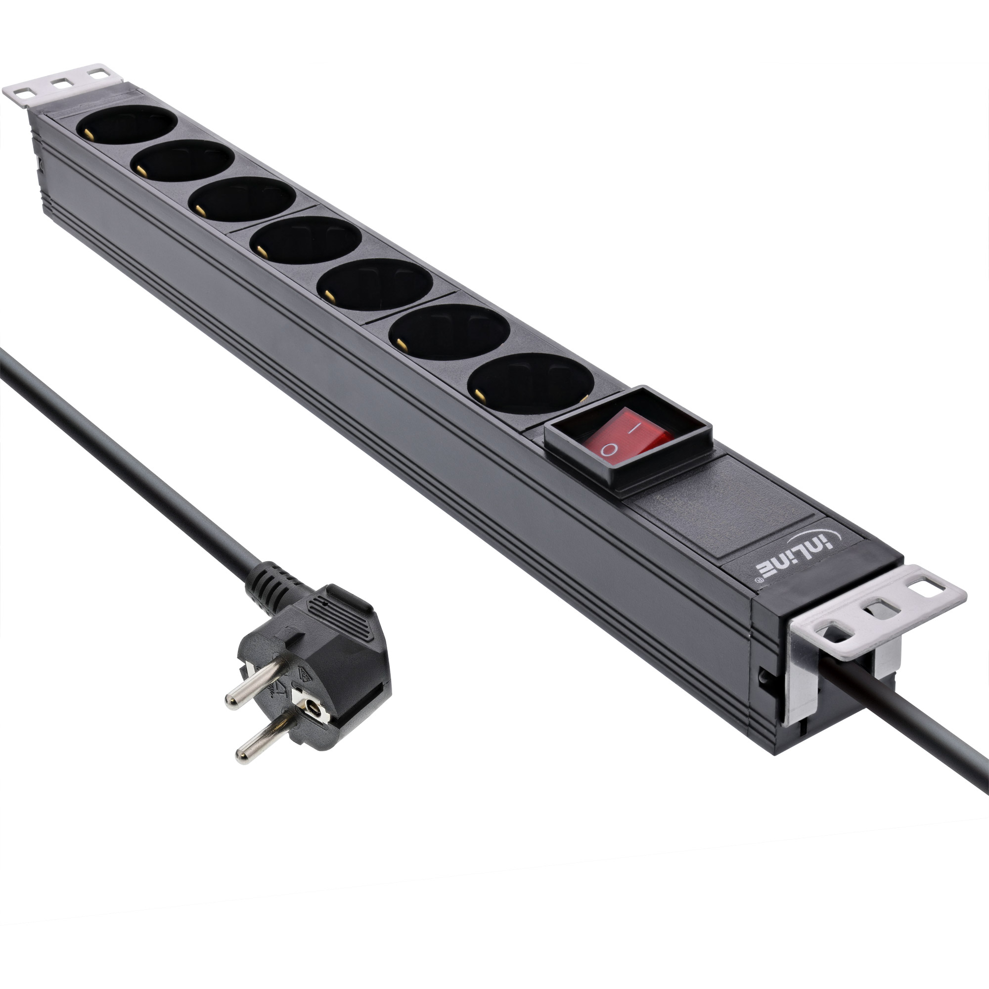 Inline® 19" Steckdosenleiste, 7-fach Schutzkontakt, mit Schalter, 2m, schwarz