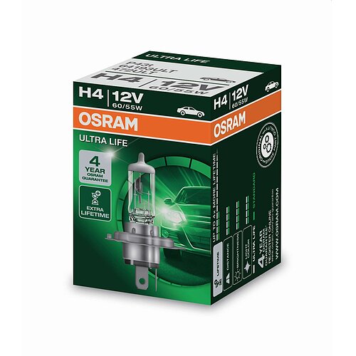 OSRAM H4 12V 60/55W P43t ULTRA LIFE 4 Jahre Garantie 1 Stück Faltschachtel