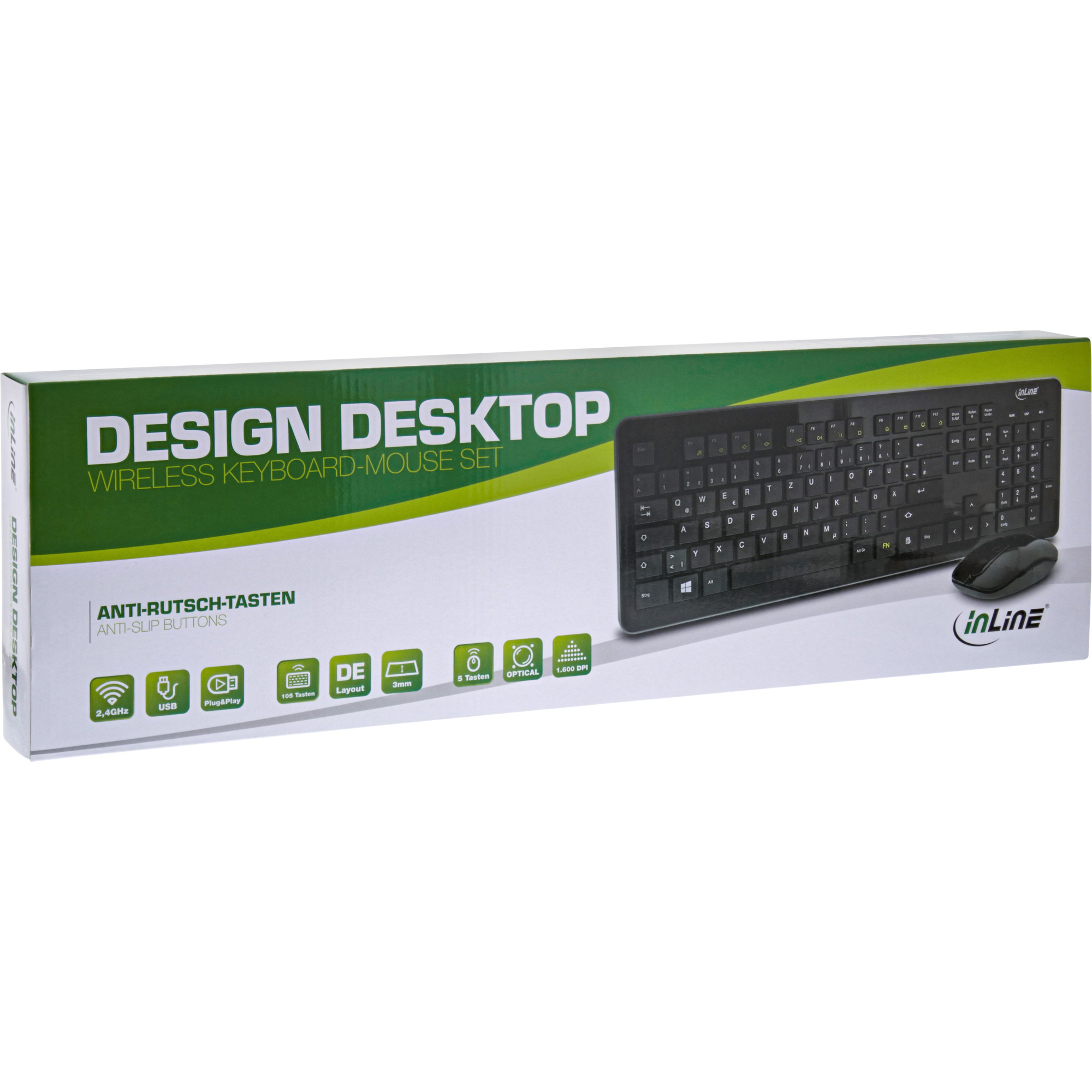 Inline® Design Desktop, Tast.-Maus Set, USB 2,4GHz, max. 1600dpi, schwarz