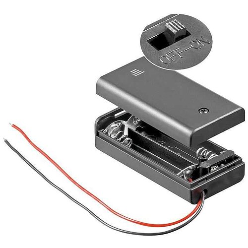 Batteriehalter für 2x Mignon mit Deckel und Schalter lose Kabelenden, wasserabweisend