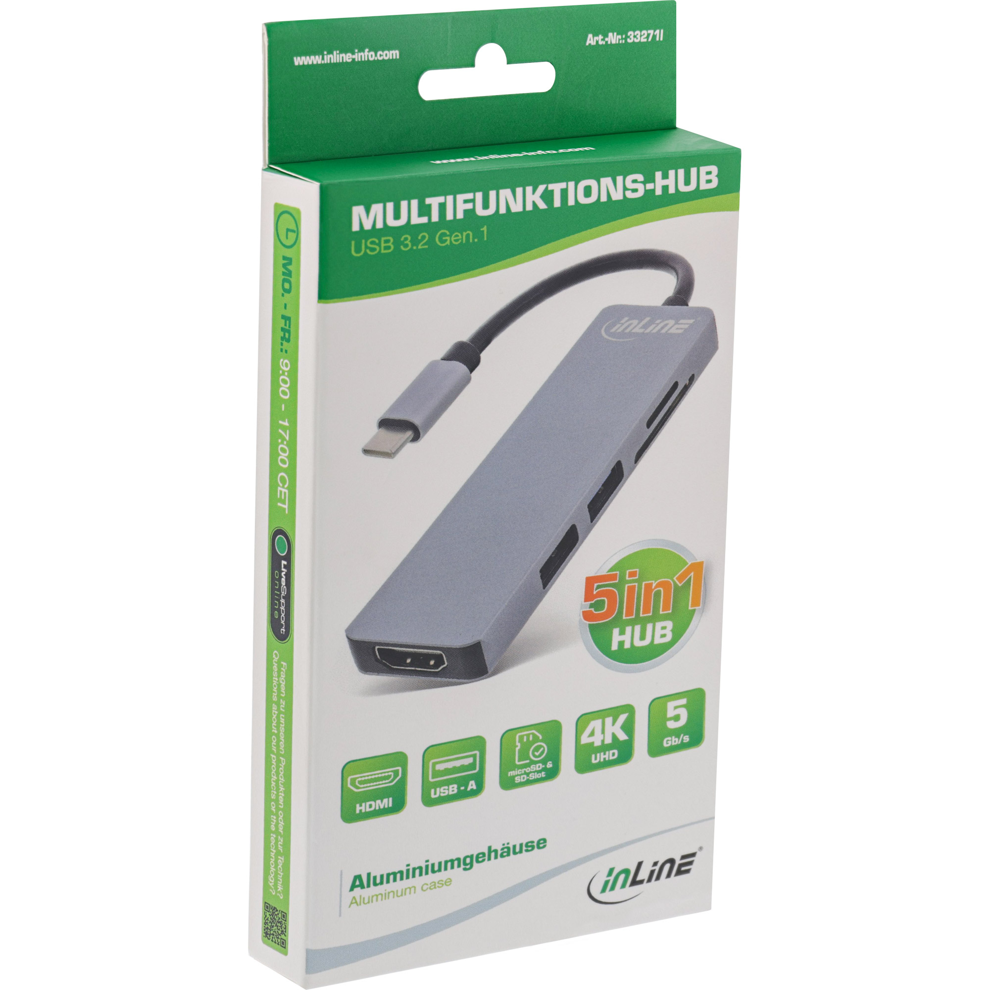 Inline® Multi-Hub USB 3.2 Gen.1, 2x USB-A, HDMI 4K/30Hz, Cardreader, Alu, grau Inline® Multi-Hub USB 3.2 Gen.1, 2x USB-A, HDMI 4K/30Hz, Cardreader, Alu, grau