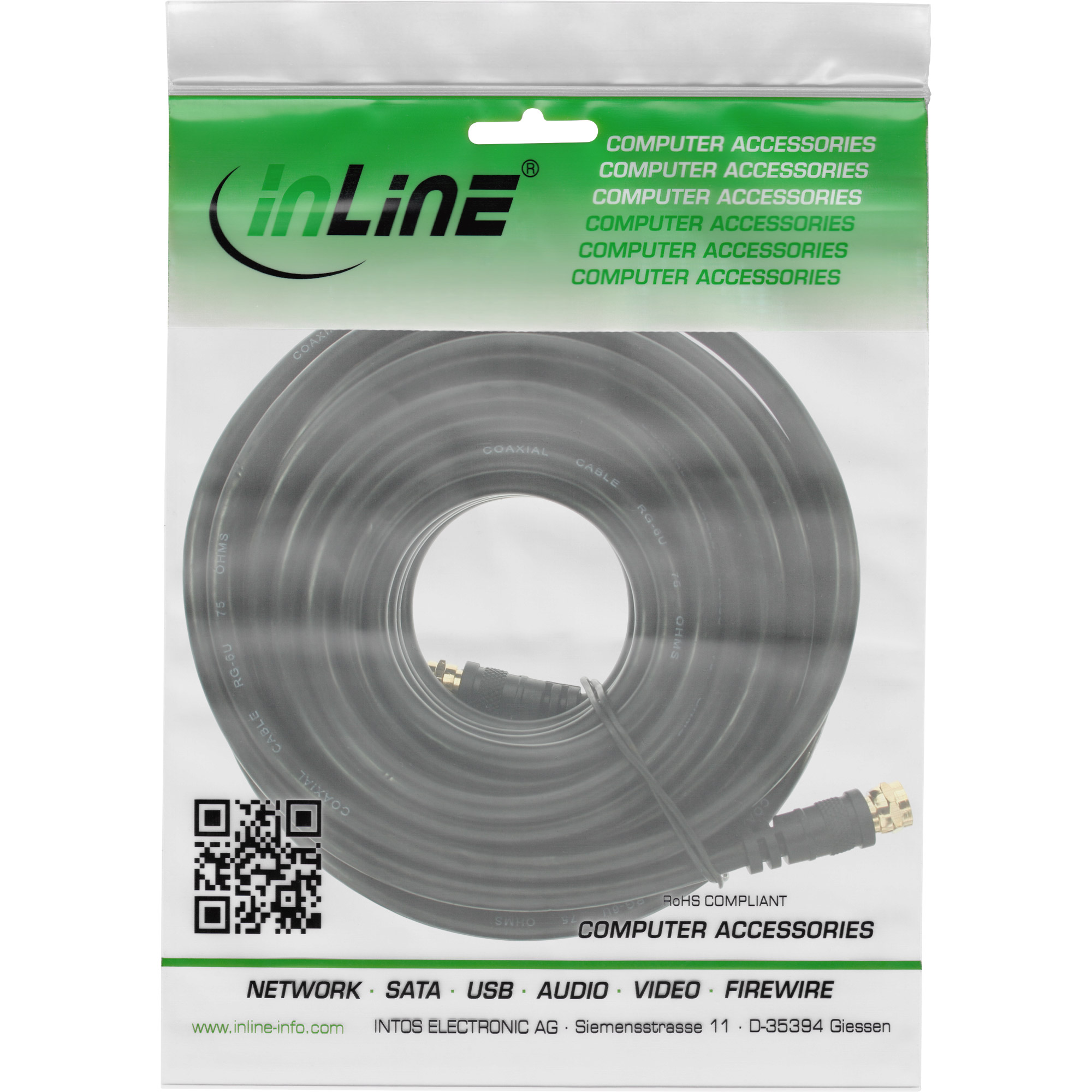 Inline® SAT-Anschlusskabel, 2x geschirmt, 2x F-Stecker, >85dB, schwarz, 10m