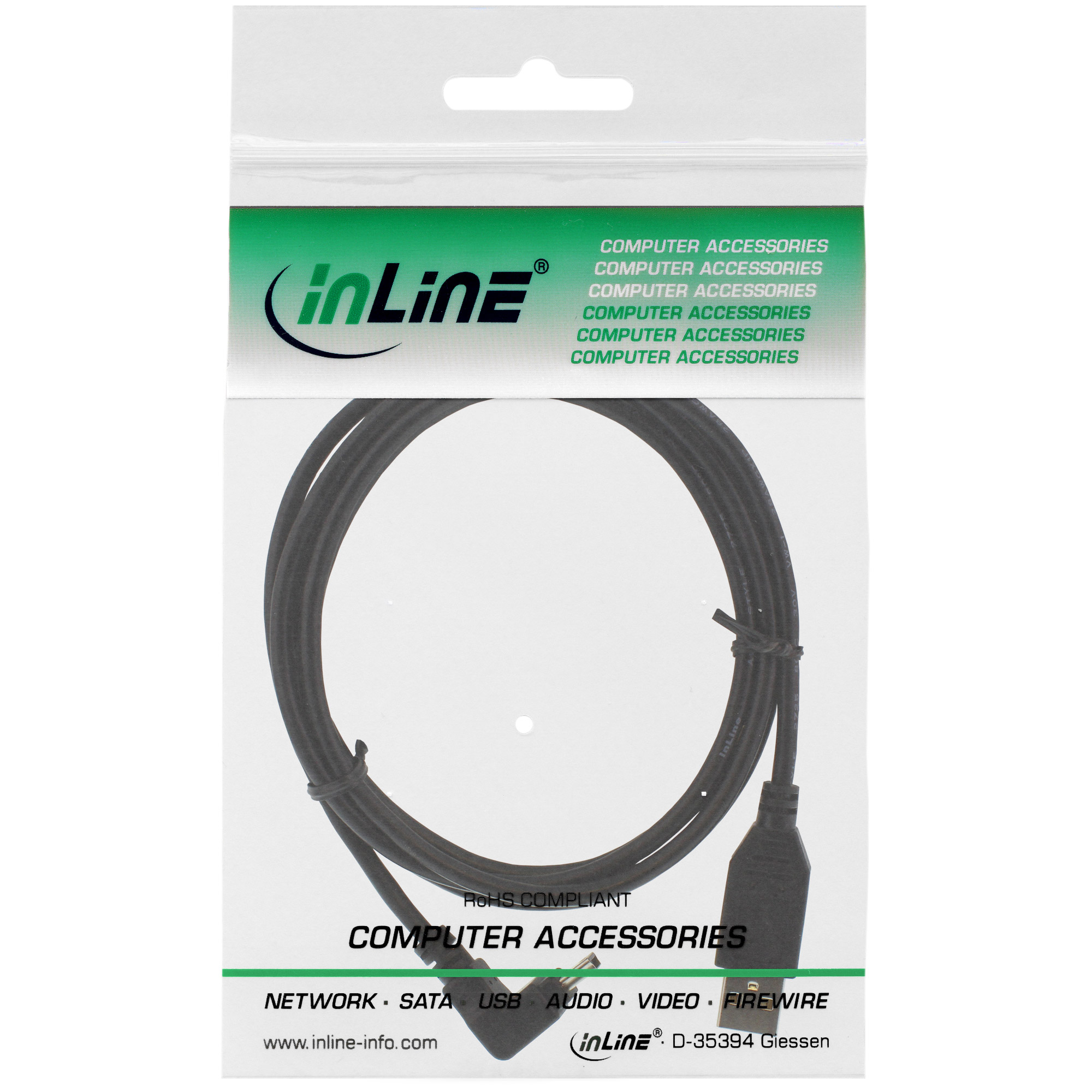 Inline® USB 2.0 Mini-Kabel, ST A/Mini-B ST (5pol) oben abgew. 90°, schwarz, 3m