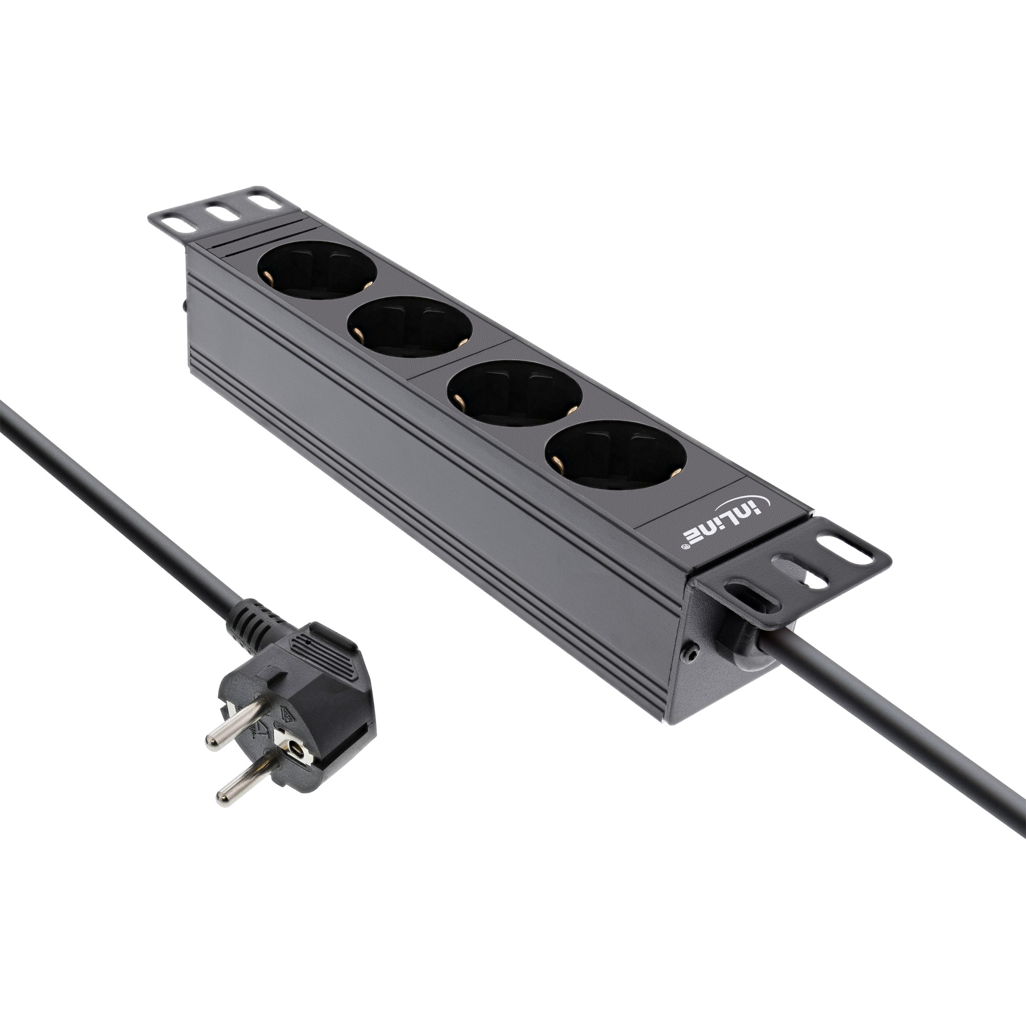 Inline® 10" Steckdosenleiste, 4-fach Schutzkontakt, ohne Schalter, 2m, schwarz
