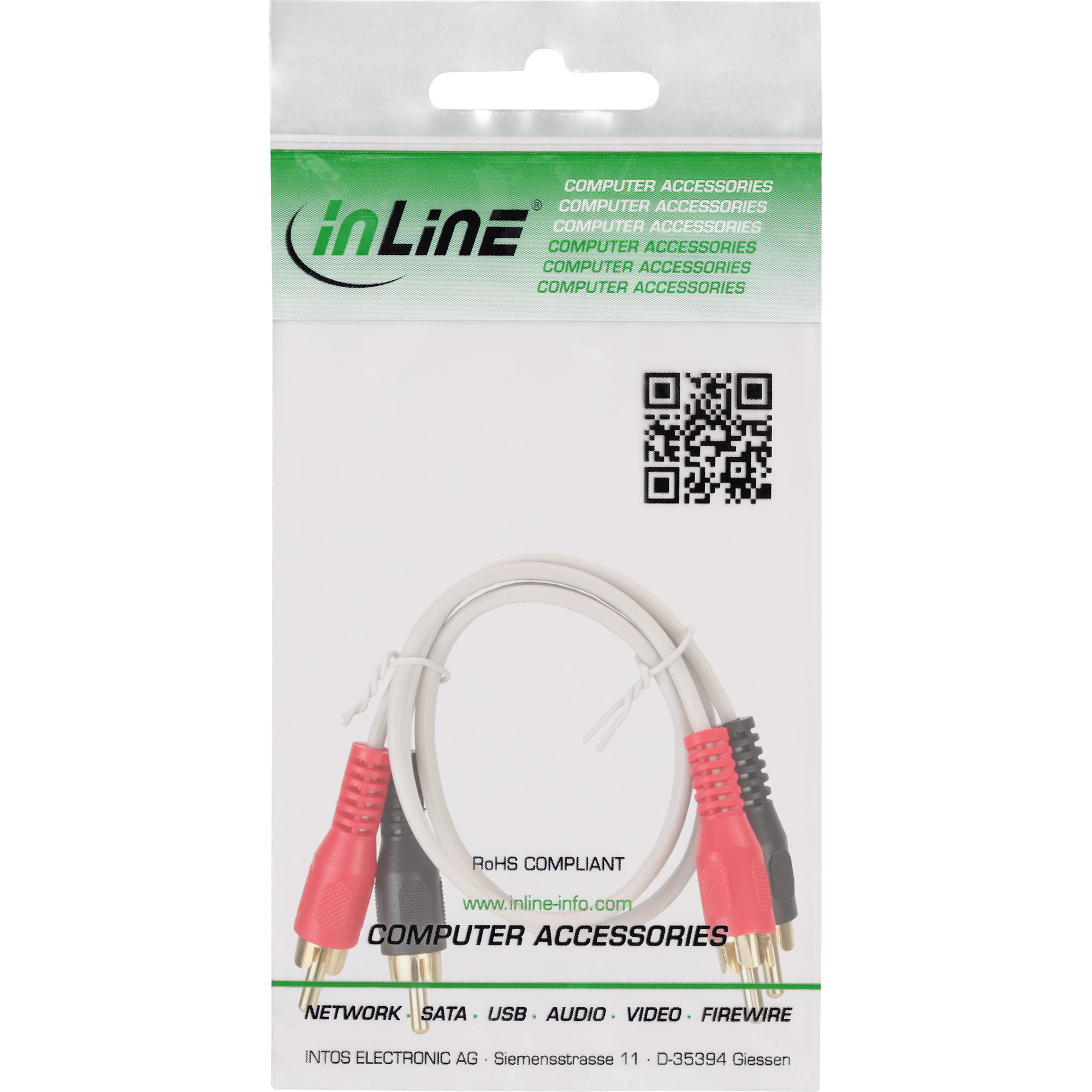 0.5m - Inline® Cinch Kabel, 2x Cinch, Stecker / Stecker, weiß / gold