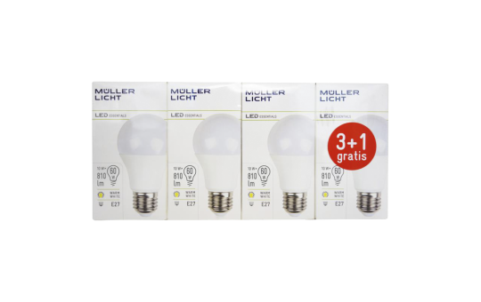 LED Glühlampe, E27, 10W, 810lm, 2700K, warmweiß, 3+1 Set