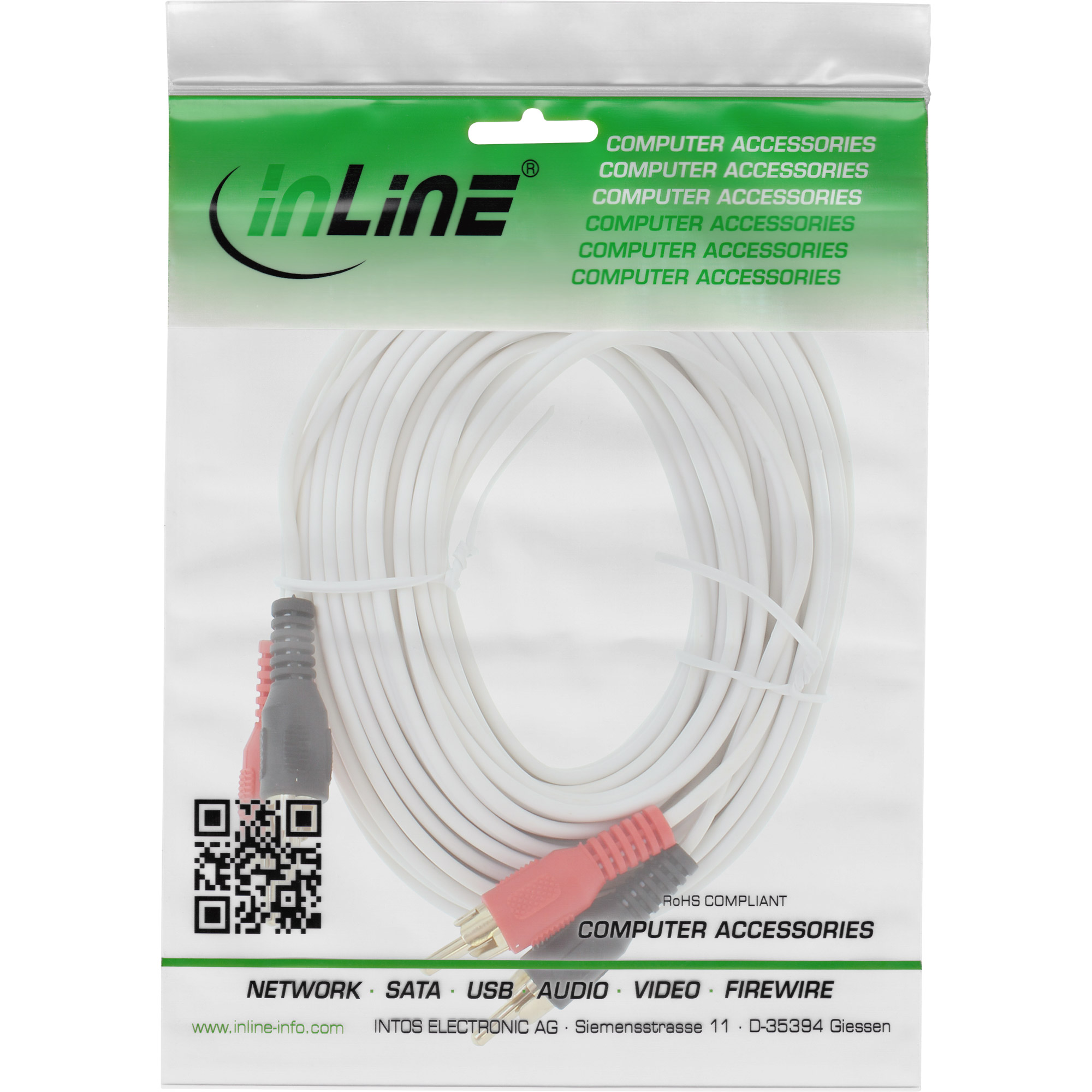 10m - Inline® Cinch Kabel, 2x Cinch, Stecker / Stecker, weiß / gold