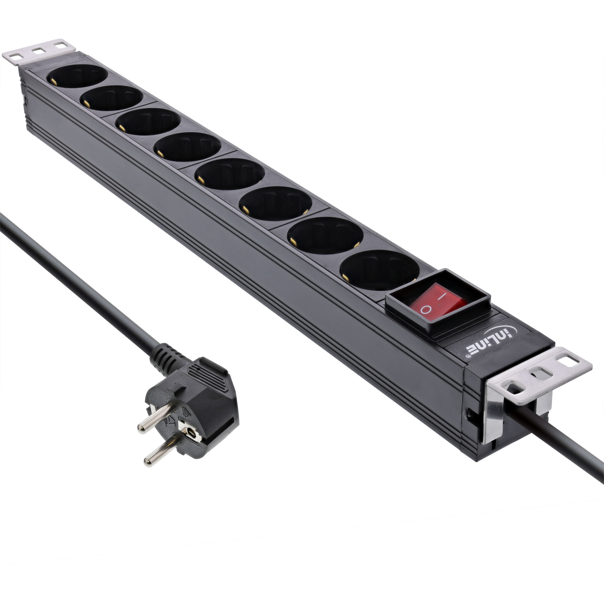 Inline® 19" Steckdosenleiste, 8-fach Schutzkontakt, mit Schalter, 2m, schwarz