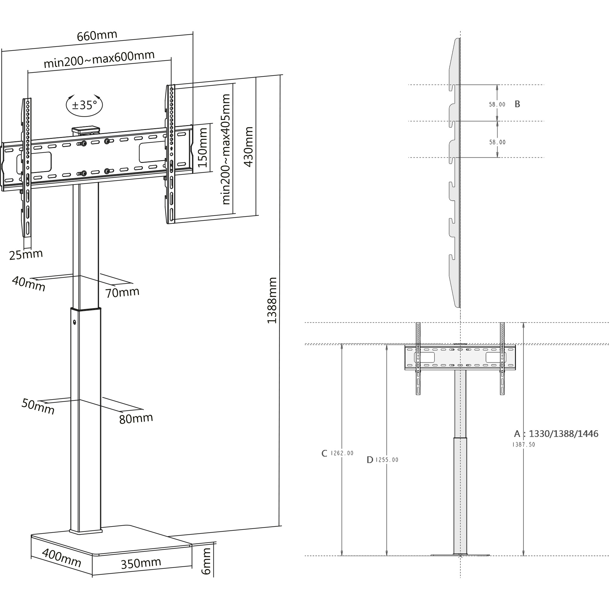 Inline® TV-Standfuß, Höhe einstellbar, für LED-TV 37"-70" (94-178cm), max. 40kg