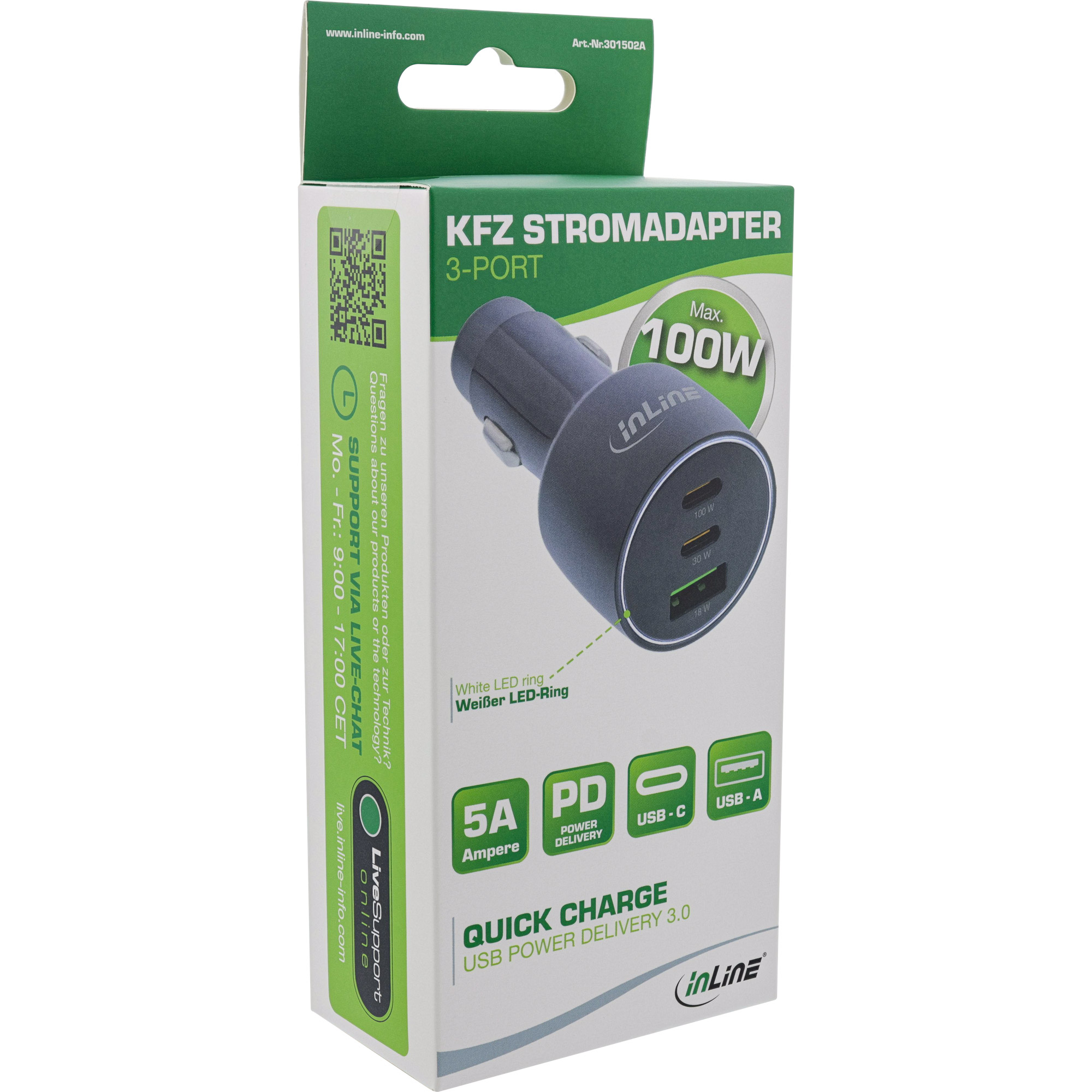 Inline® USB KFZ Stromadapter Power Delivery, 2x USB-C + QC 3.0 USB-A, schwarz