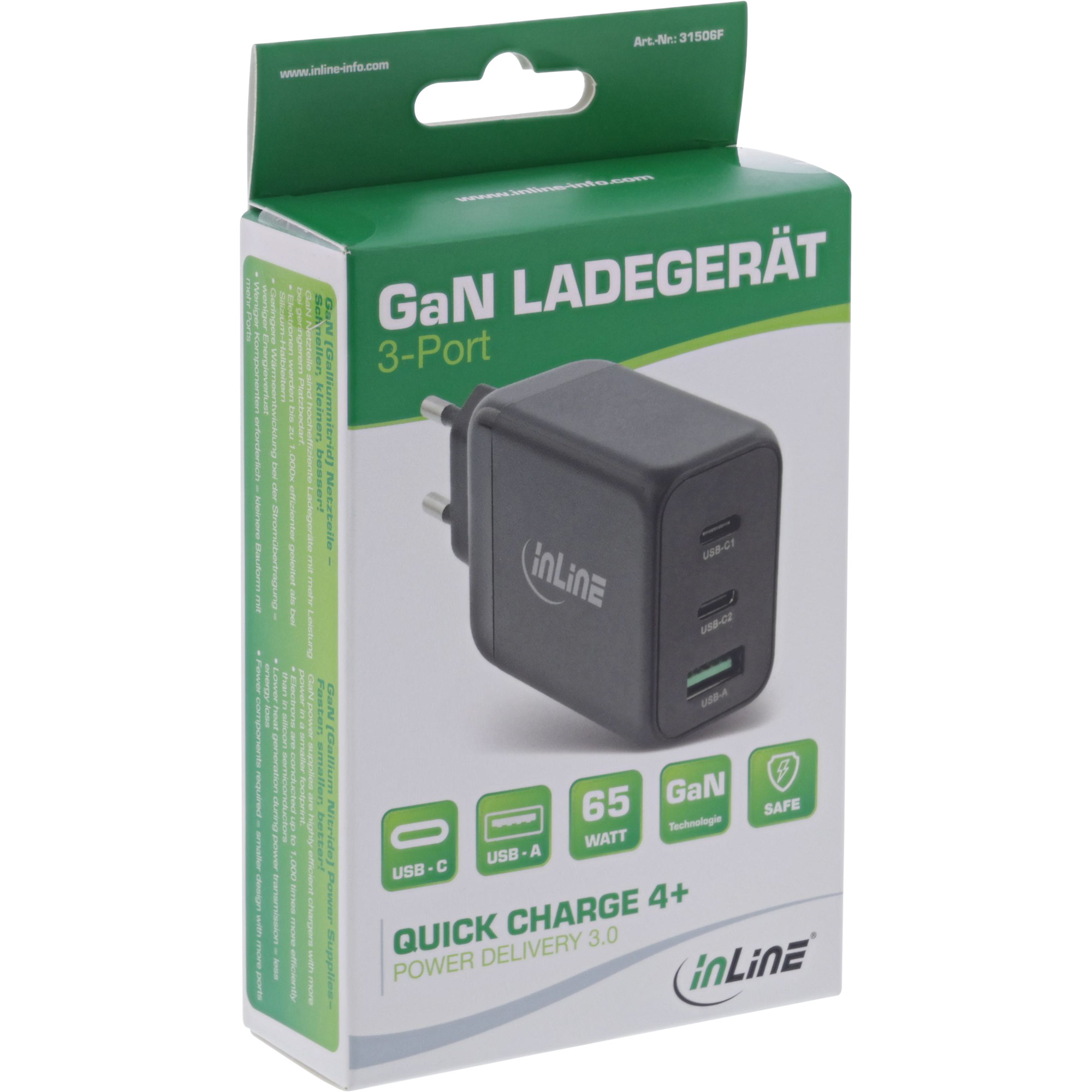 Inline® USB PD Netzteil, GaN Ladegerät, 3-Port, Dual USB-C + USB-A, 65W Inline® USB PD Netzteil, GaN Ladegerät, 3-Port, Dual USB-C + USB-A, 65W