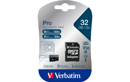 Micro SDHC Card Verbatim ''PRO'' 32GB, U3, inkl. SD-Adapter