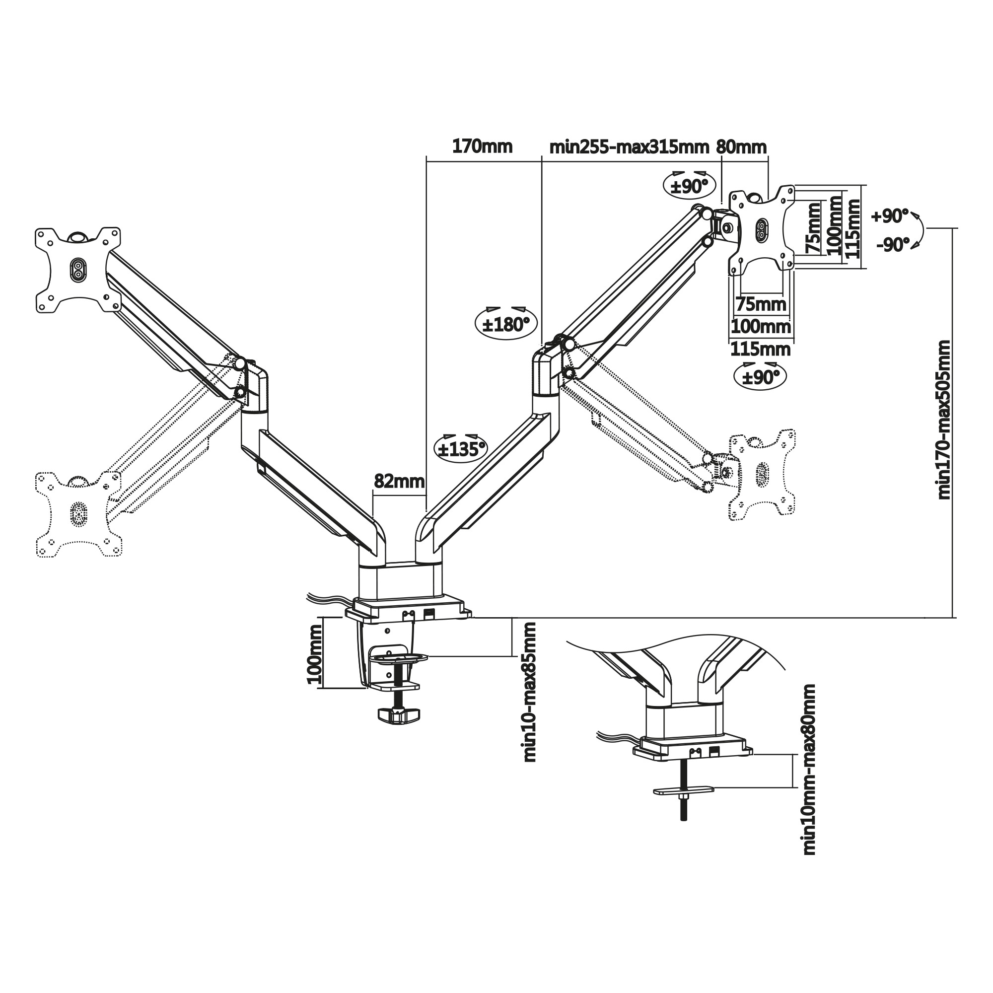 Inline® Tischhalterung mit Lifter & USB/Audio, 2 Monitore bis 81cm (32"),silber