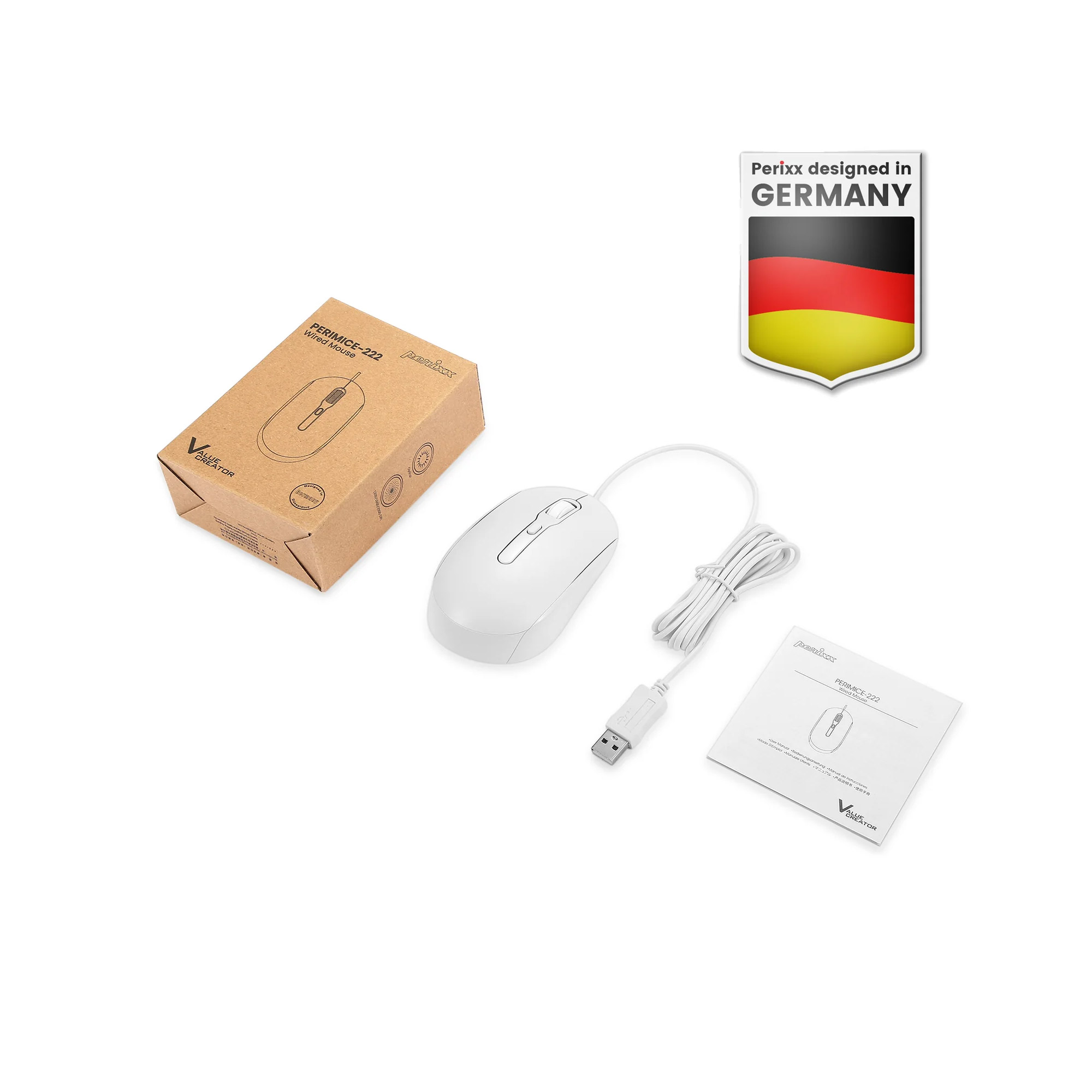 Perixx PERIMICE-222UW, Maus, optisch, 4 Tasten, Silent, USB-A, weiÃ