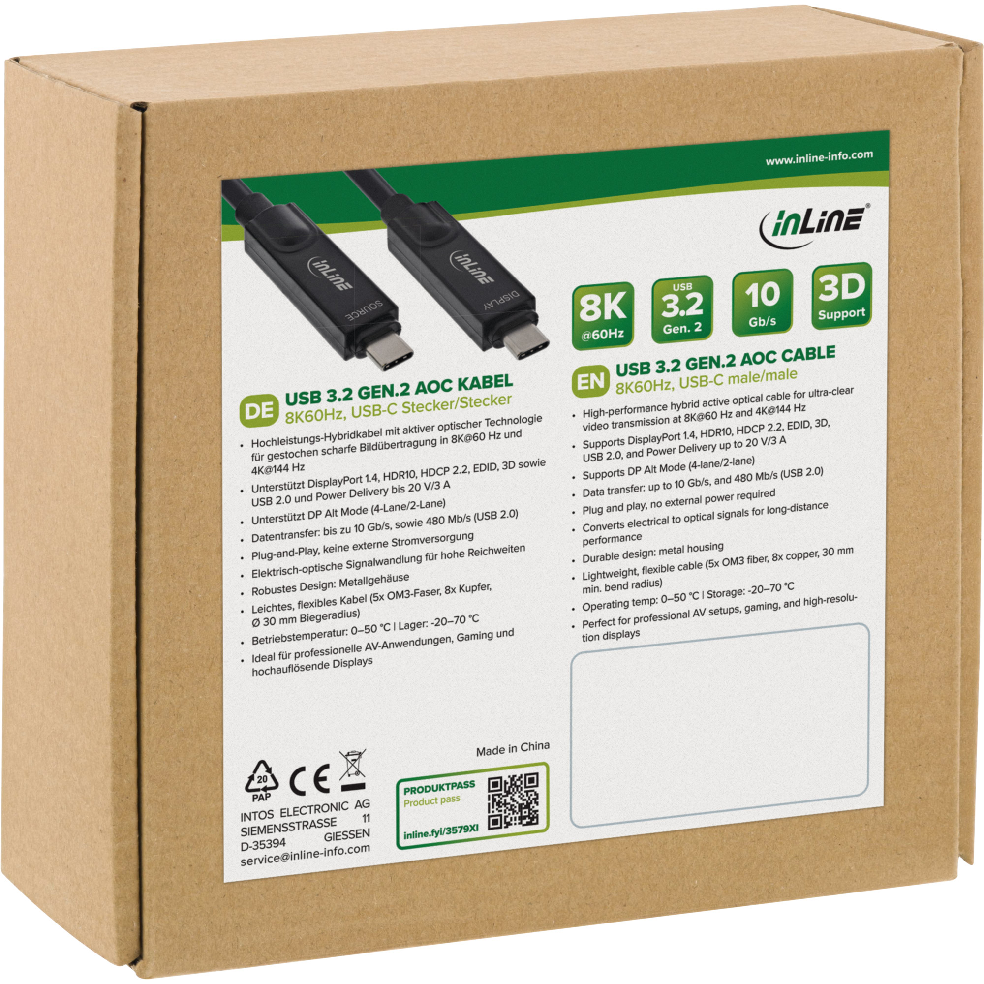 5m, InLine® USB 3.2 Gen.2 AOC Kabel, USB-C Stecker/Stecker, 8K60Hz, 60W, schwarz, 5m