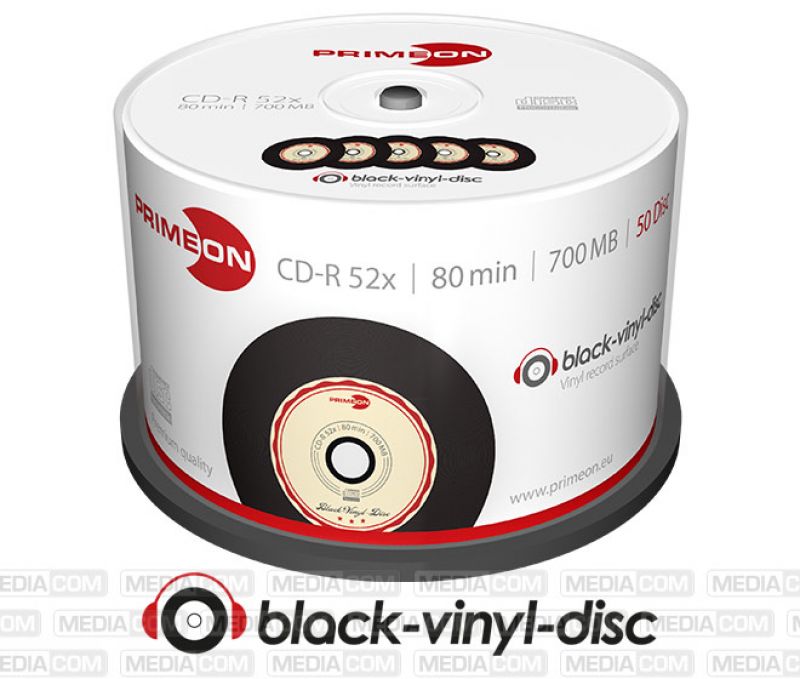 PRIMEON CD-R 80Min 700MB 50 Disc Spindel - black-vinyl-disc, Inkjet Printable Surface