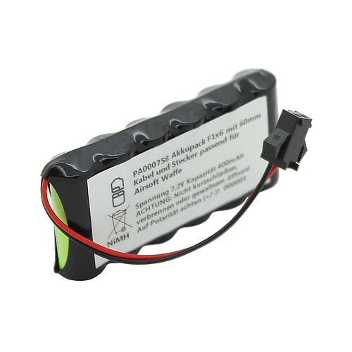 Akkupack NiMH 7,2V 400mAh F1x6 mit 60mm Kabel und Stecker passend für Airsoft Waffe