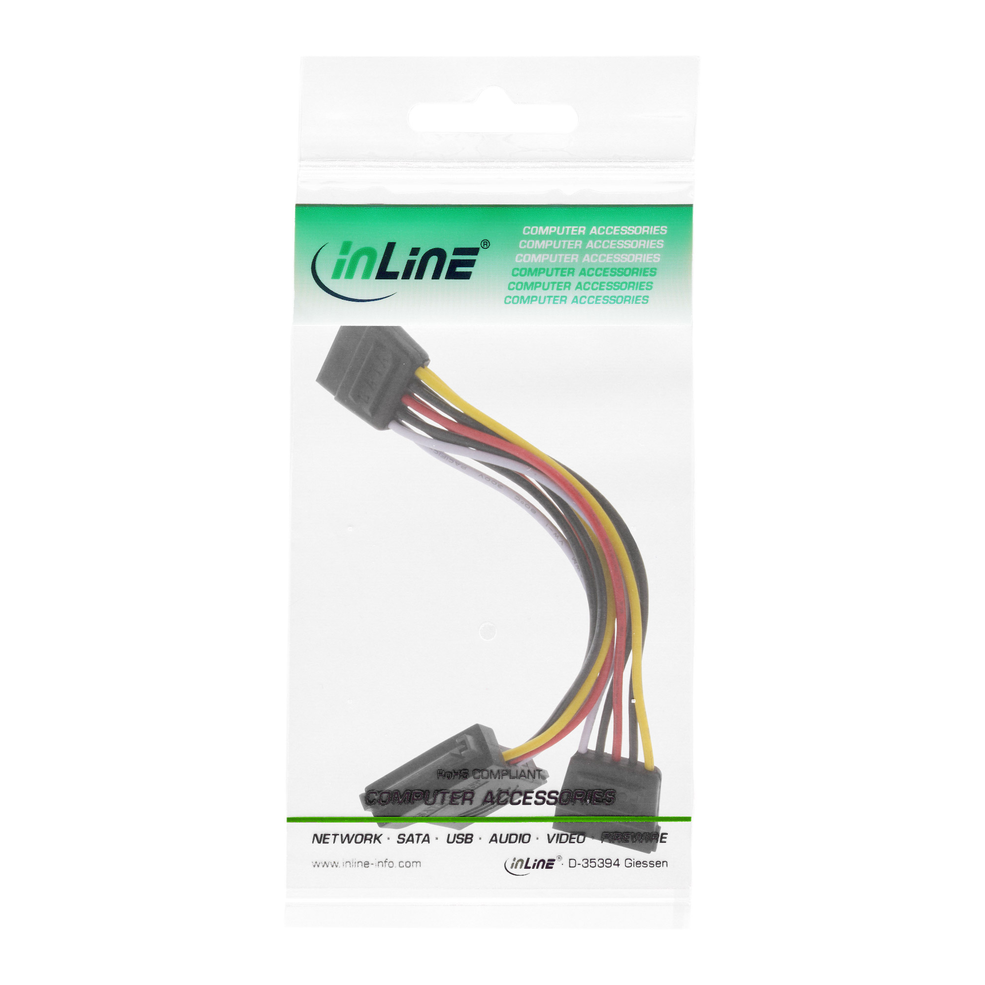 Inline® SATA Stromadapterkabel, SATA Stecker / Buchse, an 2x SATA Stecker, 0,15m