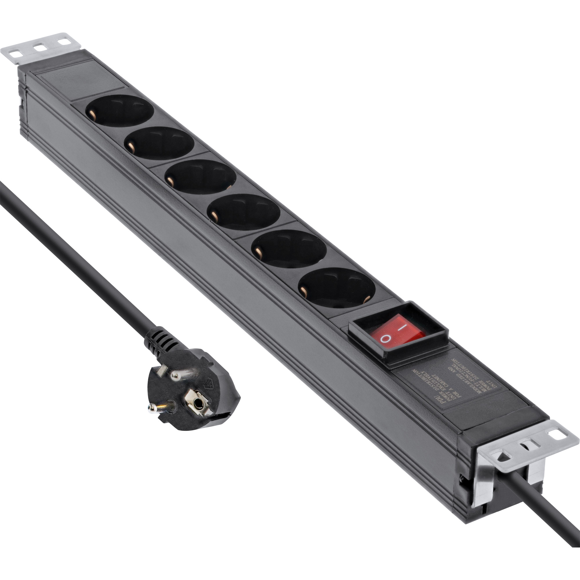 Inline® 19" Steckdosenleiste, 6-fach Schutzkontakt, mit Schalter, 2m, schwarz