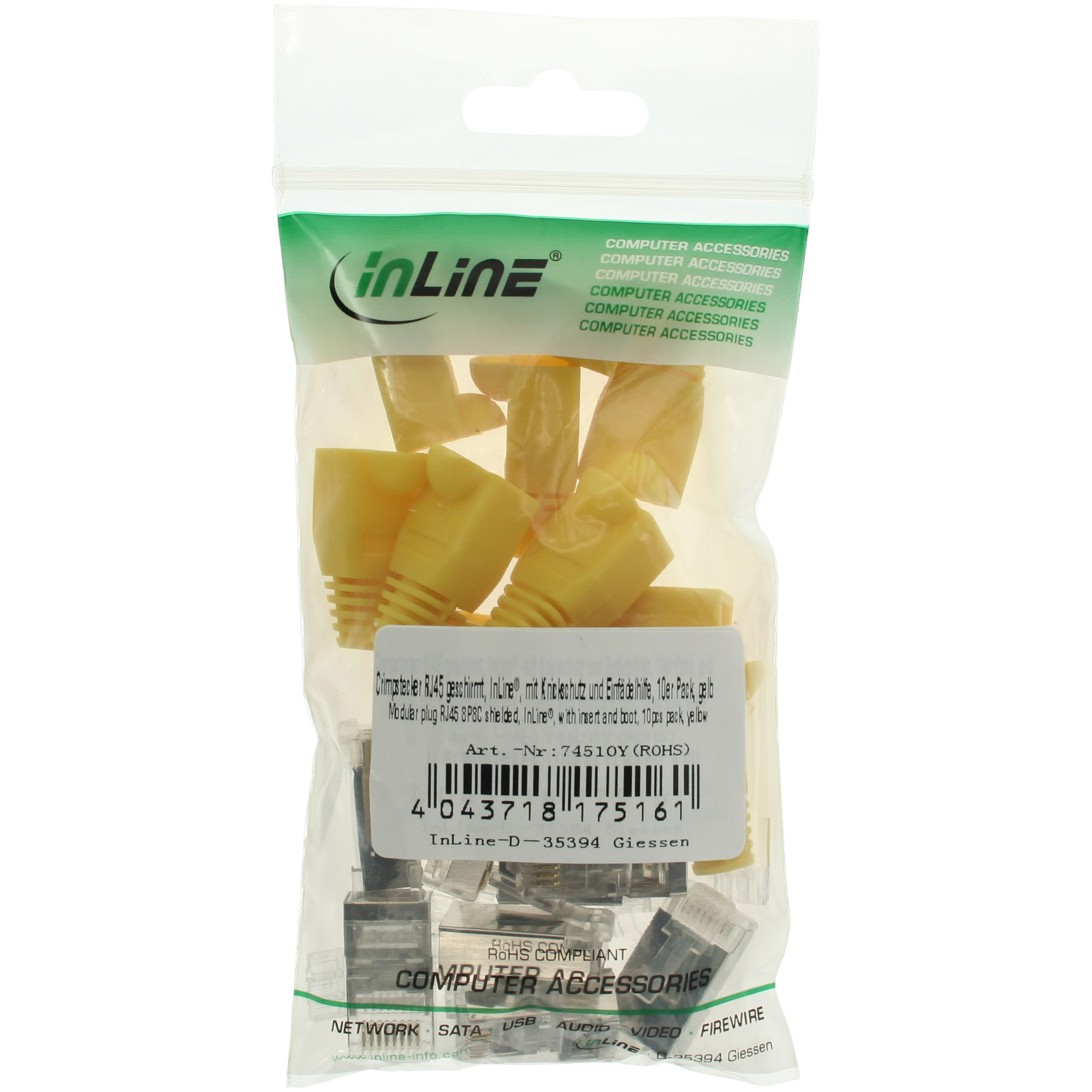 10er Pack Inline® Crimpst. RJ45 gesch., mit Knickschutz & Einfädelhilfe, gelb